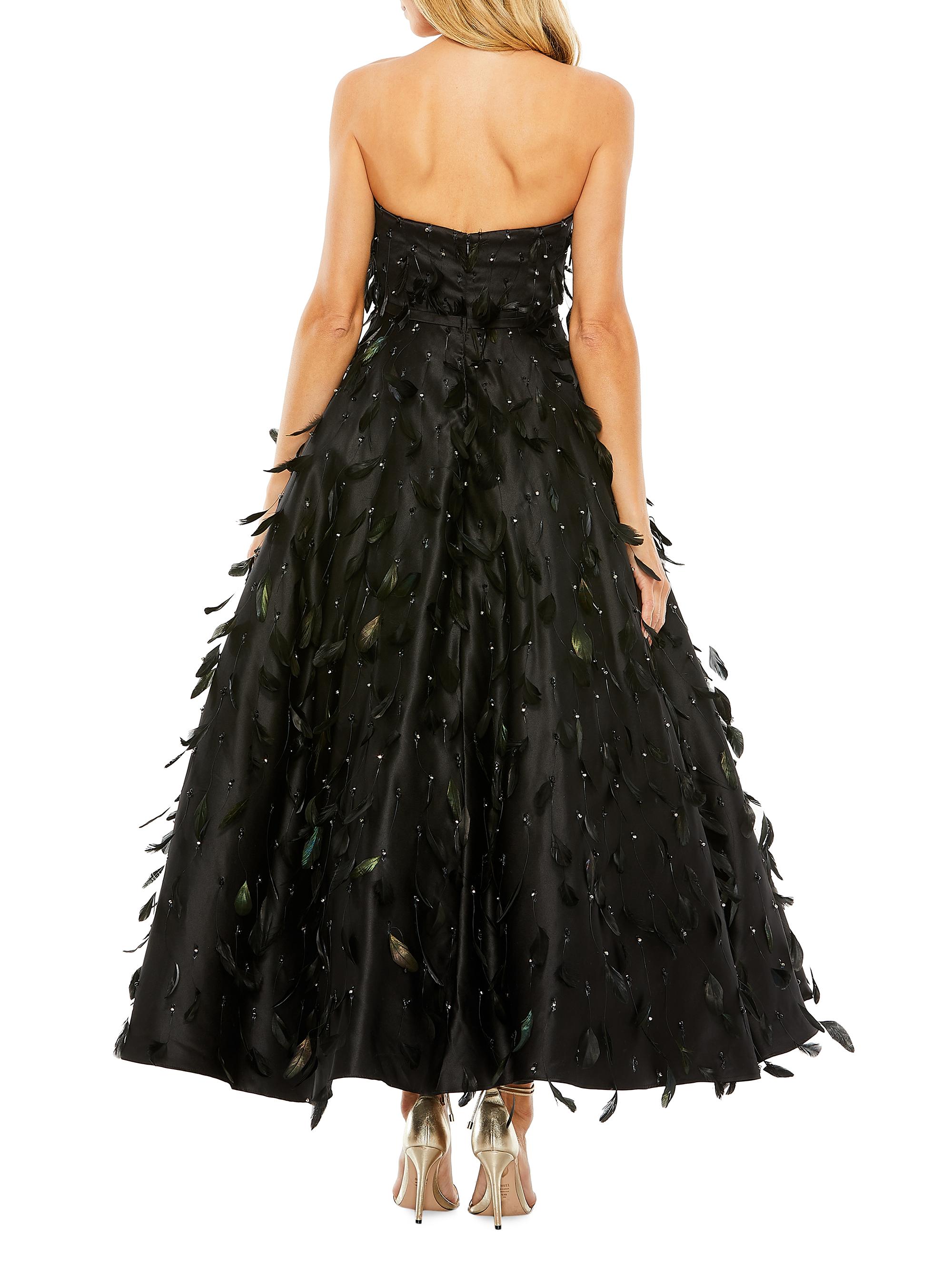 Mac Duggal Strapless Feather Embellished Satin Ball Gown, Womens, 4, Black