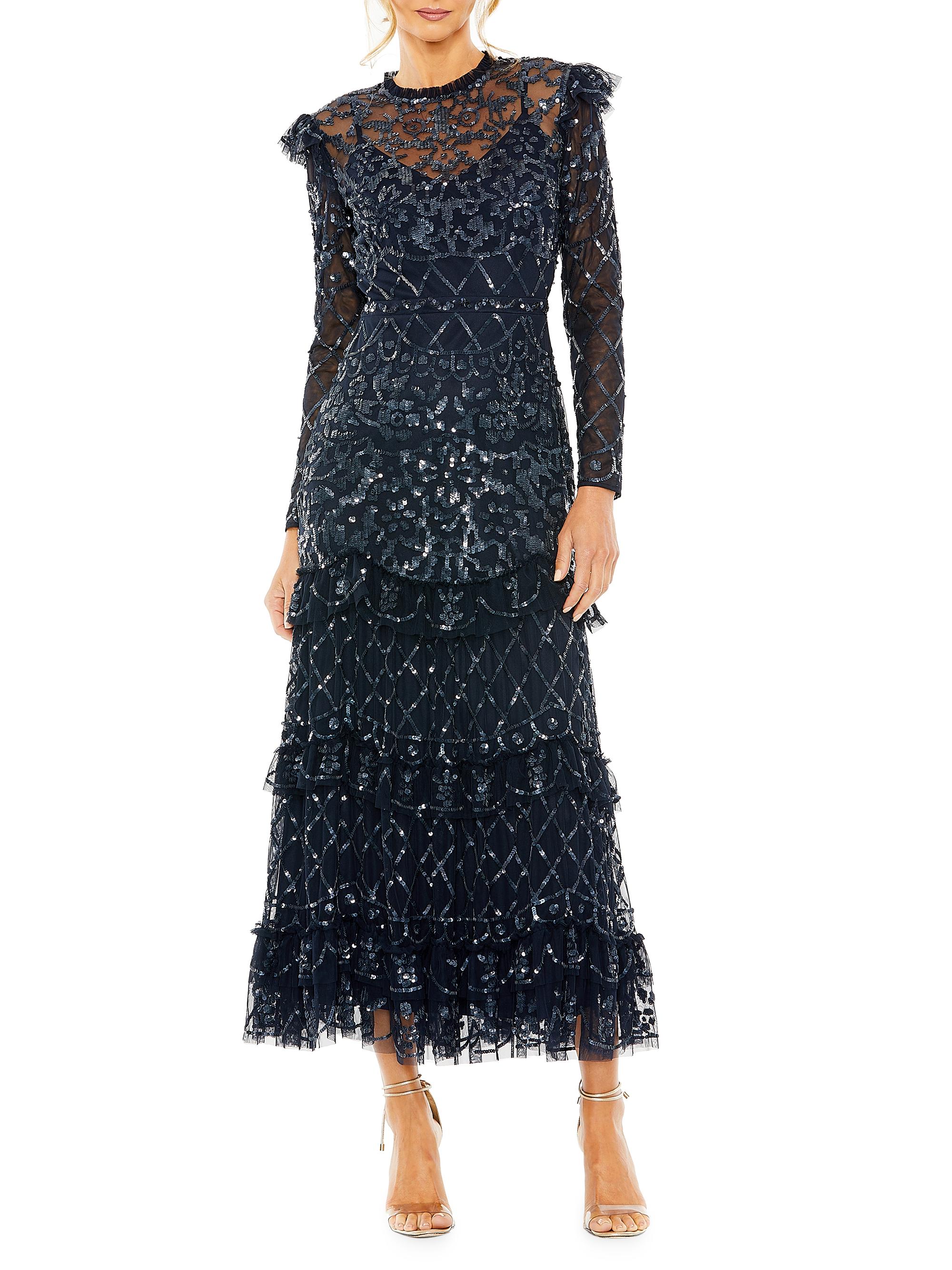 Mac Duggal Women's Embellished Tiered Long-Sleeve Gown - Midnight