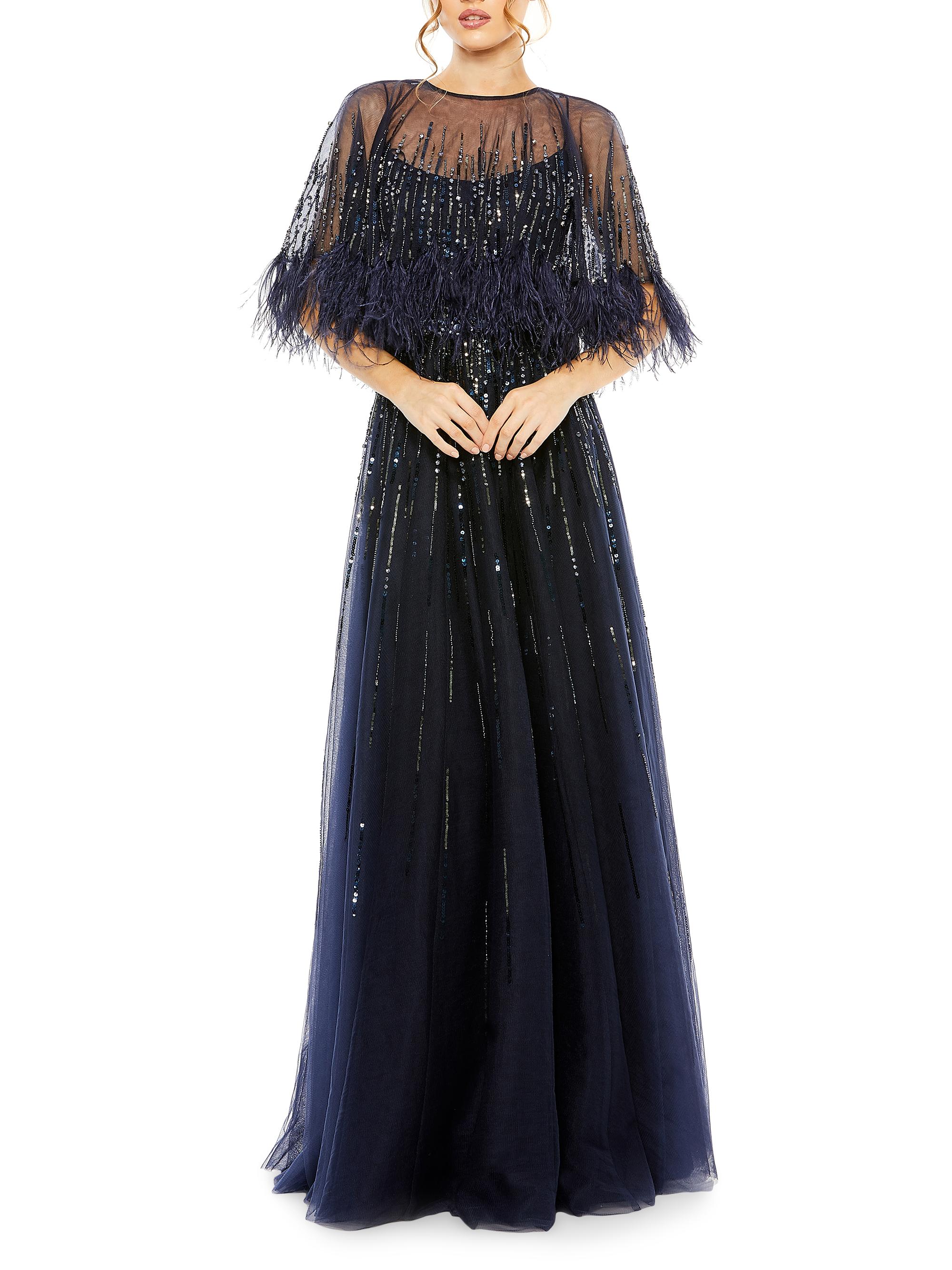 Mac Duggal Women's Embellished Feather CapeA-Line Gown - Navy