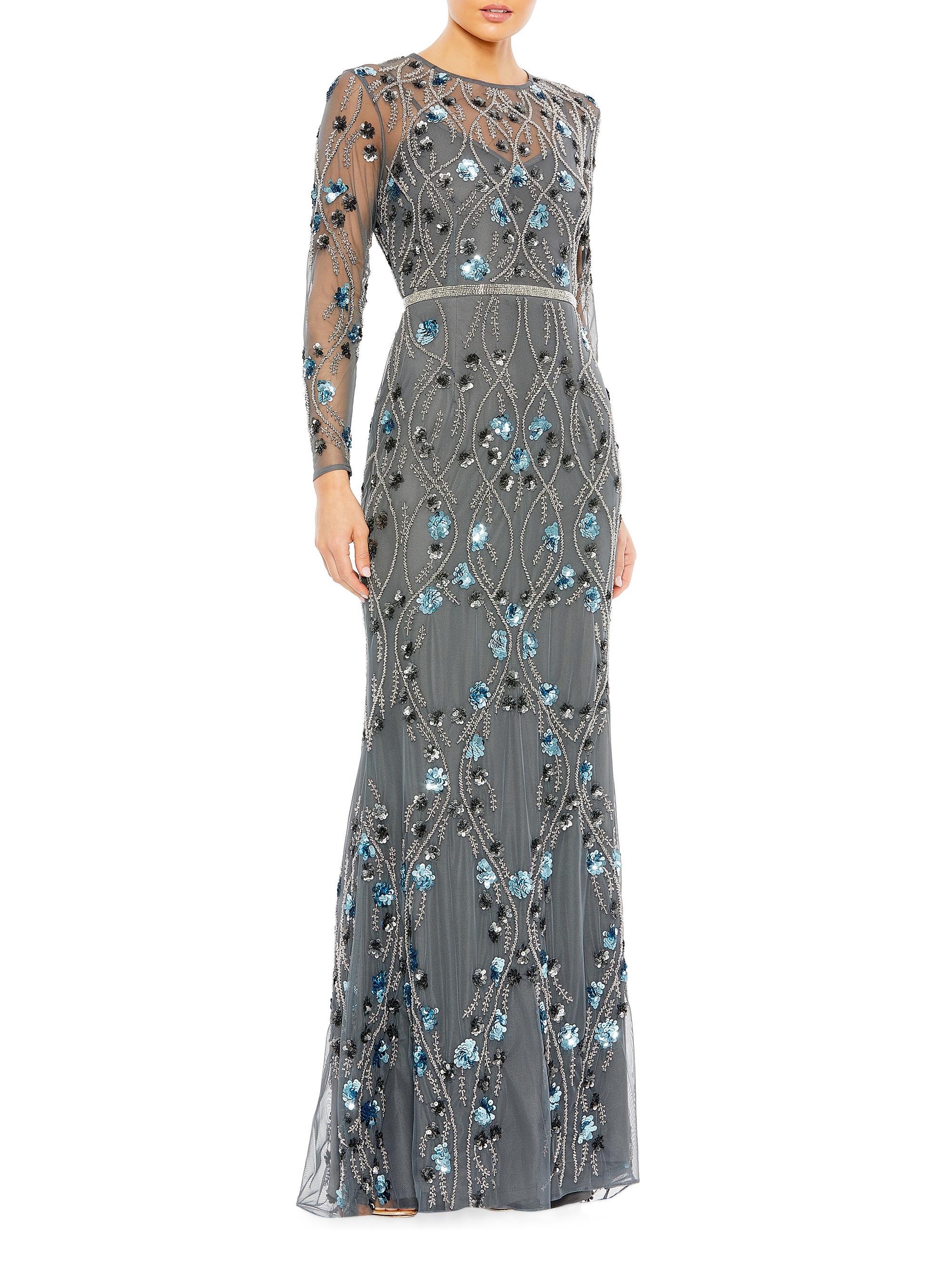Mac Duggal Women's Floral Embellished Long-Sleeve Gown - Charcoal