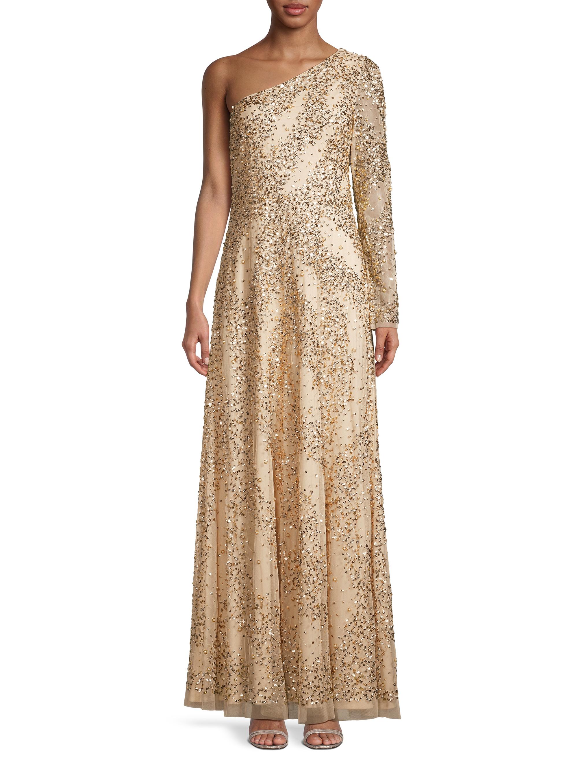 Aidan Mattox Beaded One-Shoulder Gown, 2 / Gold