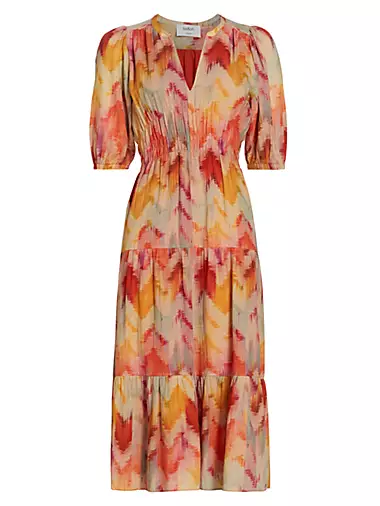 Ba&Sh Dalid Ocre Floral Strapless Tie Front Printed Midi Tiered Dress 3 L
