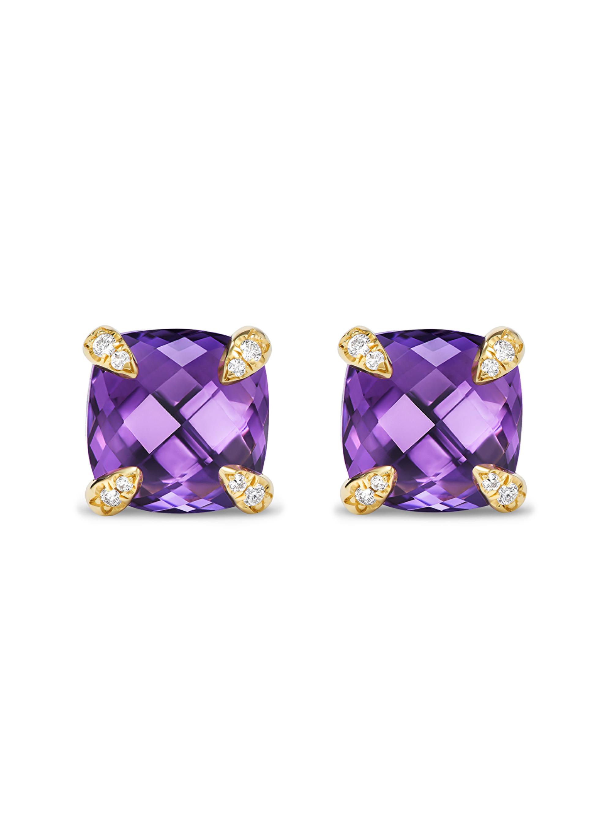 David Yurman Women's Chatelaine Stud Earrings in 18K Yellow Gold with Pavé Diamonds - Amethyst