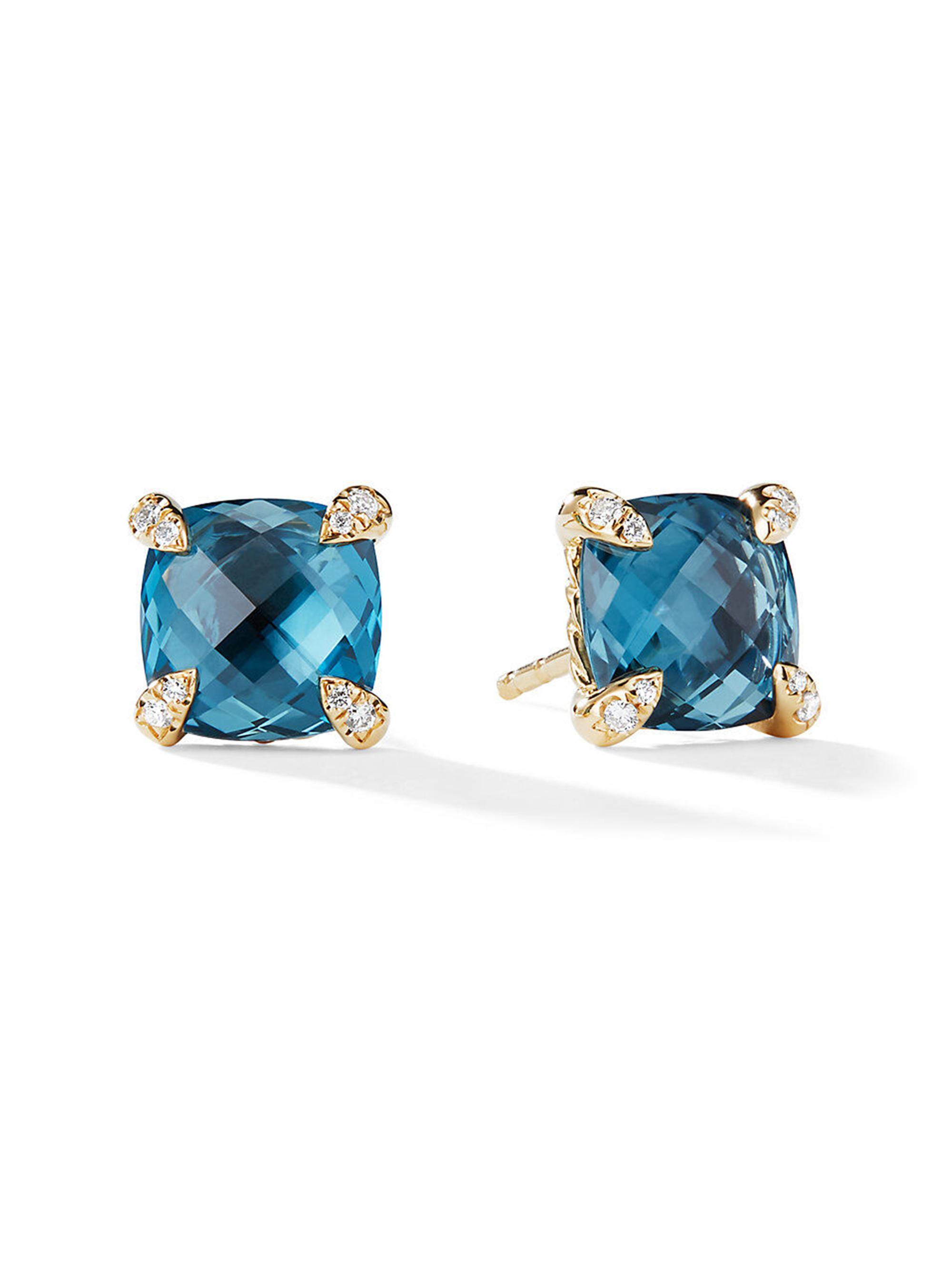 David Yurman Women's Chatelaine Stud Earrings in 18K Yellow Gold with Pavé Diamonds - Hampton Blue Topaz