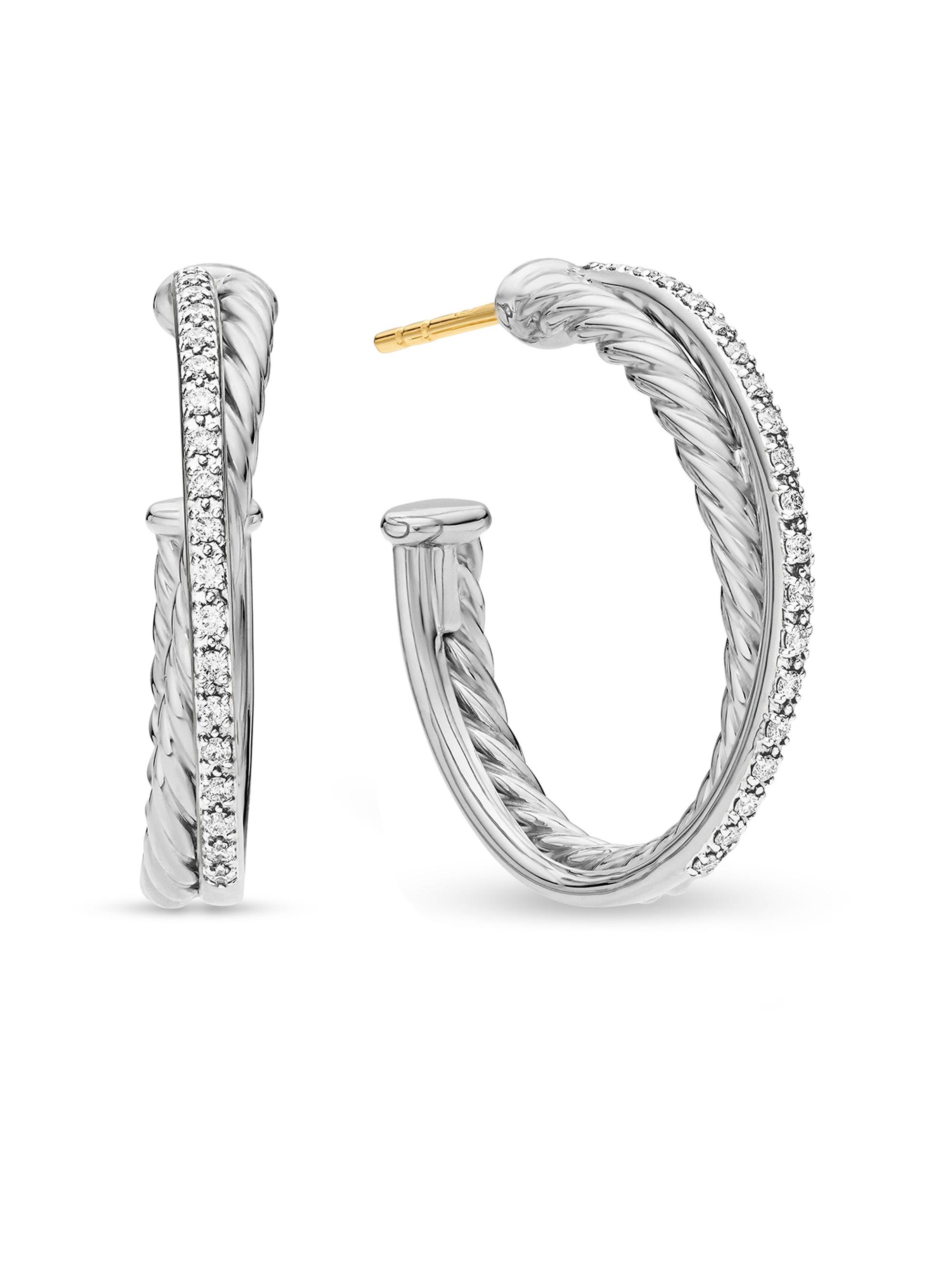 David Yurman Women's Crossover Hoop Earrings in Sterling Silver with Diamonds, 26.5mm - Diamond