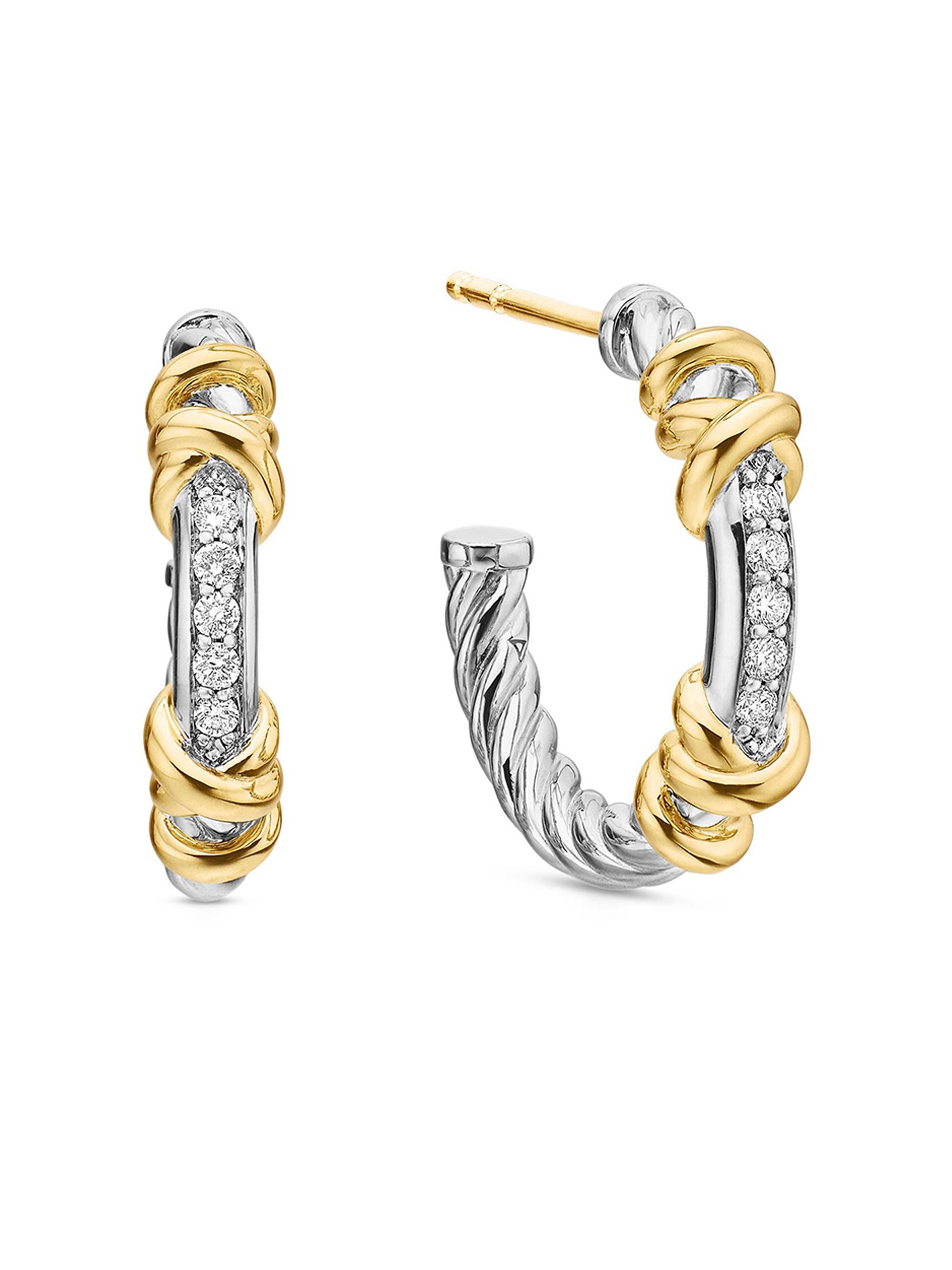 David Yurman Women's Petite Helena Wrap Hoop Earrings in Sterling Silver with 18K Yellow Gold and Diamonds - Diamond