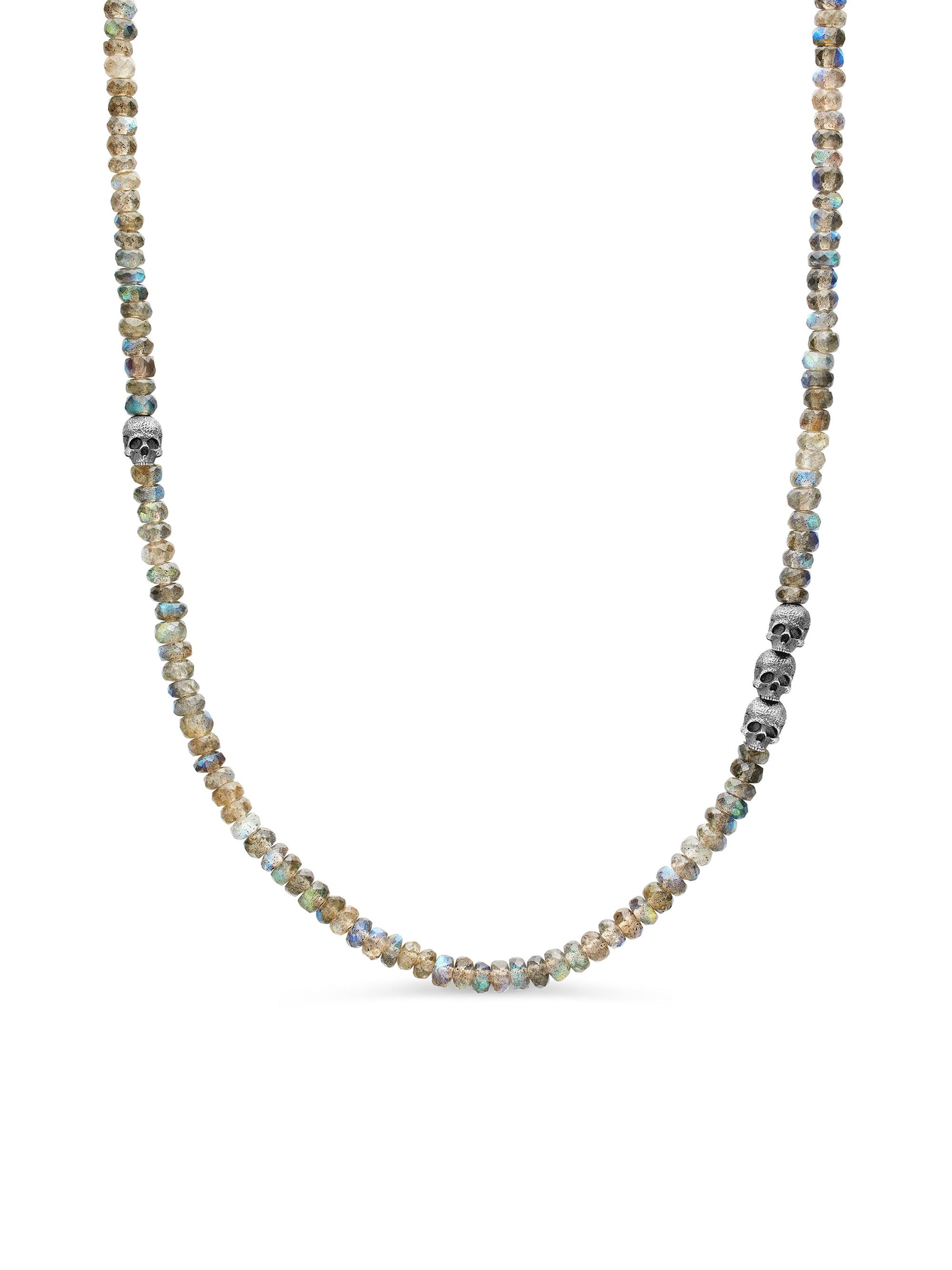 David Yurman Men's Memento Mori Skull Station Necklace in Sterling Silver - Black Spinel