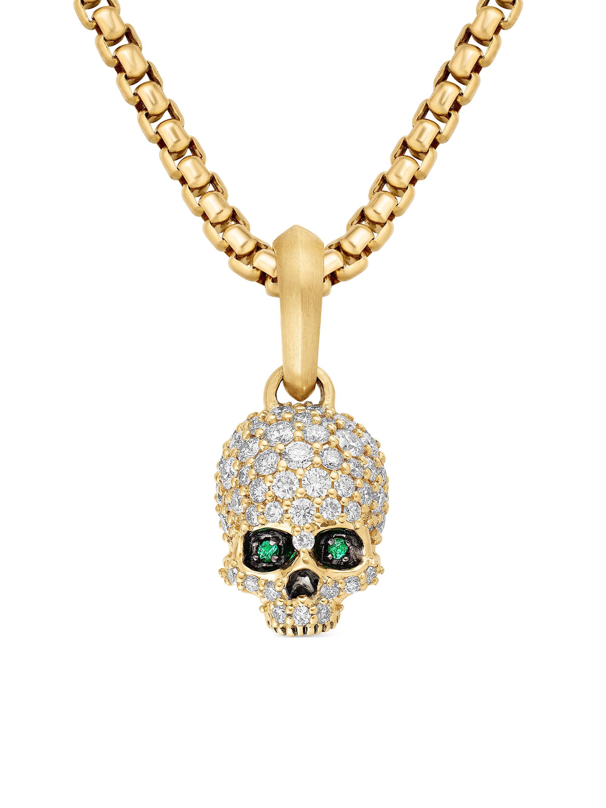 David Yurman Men's Memento Mori Skull in Full Pavé Diamonds, Emeralds and 18K Yellow Gold, 14mm - Emerald