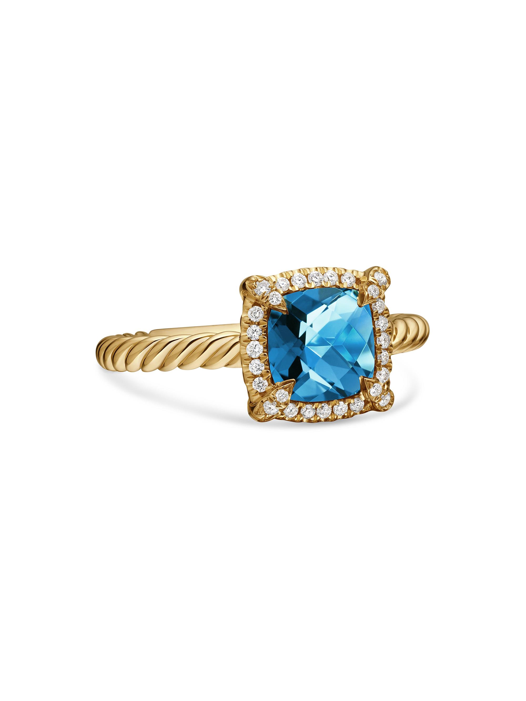 David Yurman Women's Petite Chatelaine Pavé Bezel Ring in 18K Yellow Gold with Diamonds - Hampton Blue Topaz