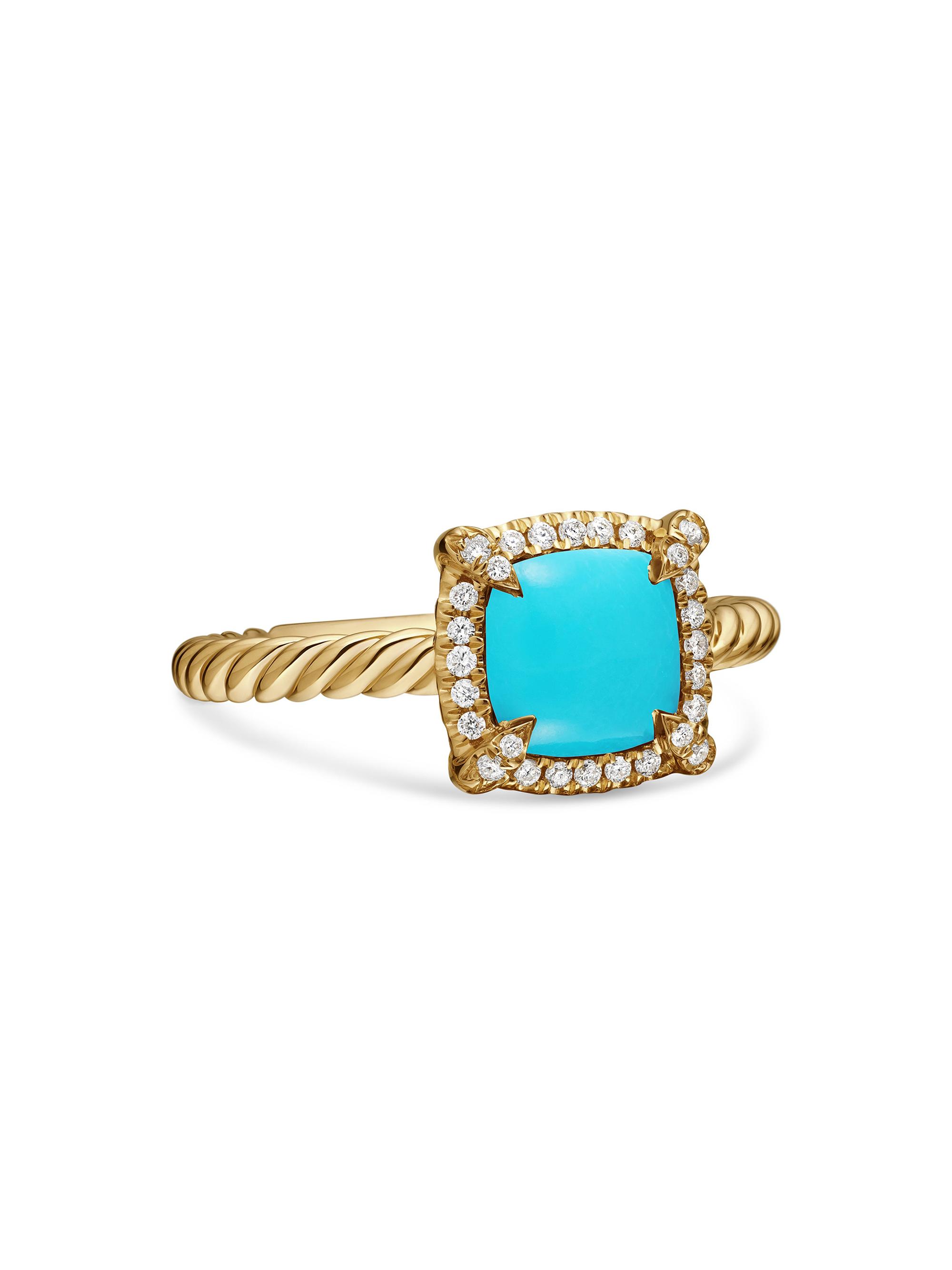 David Yurman Women's Petite Chatelaine Pavé Bezel Ring in 18K Yellow Gold with Diamonds - Turquoise
