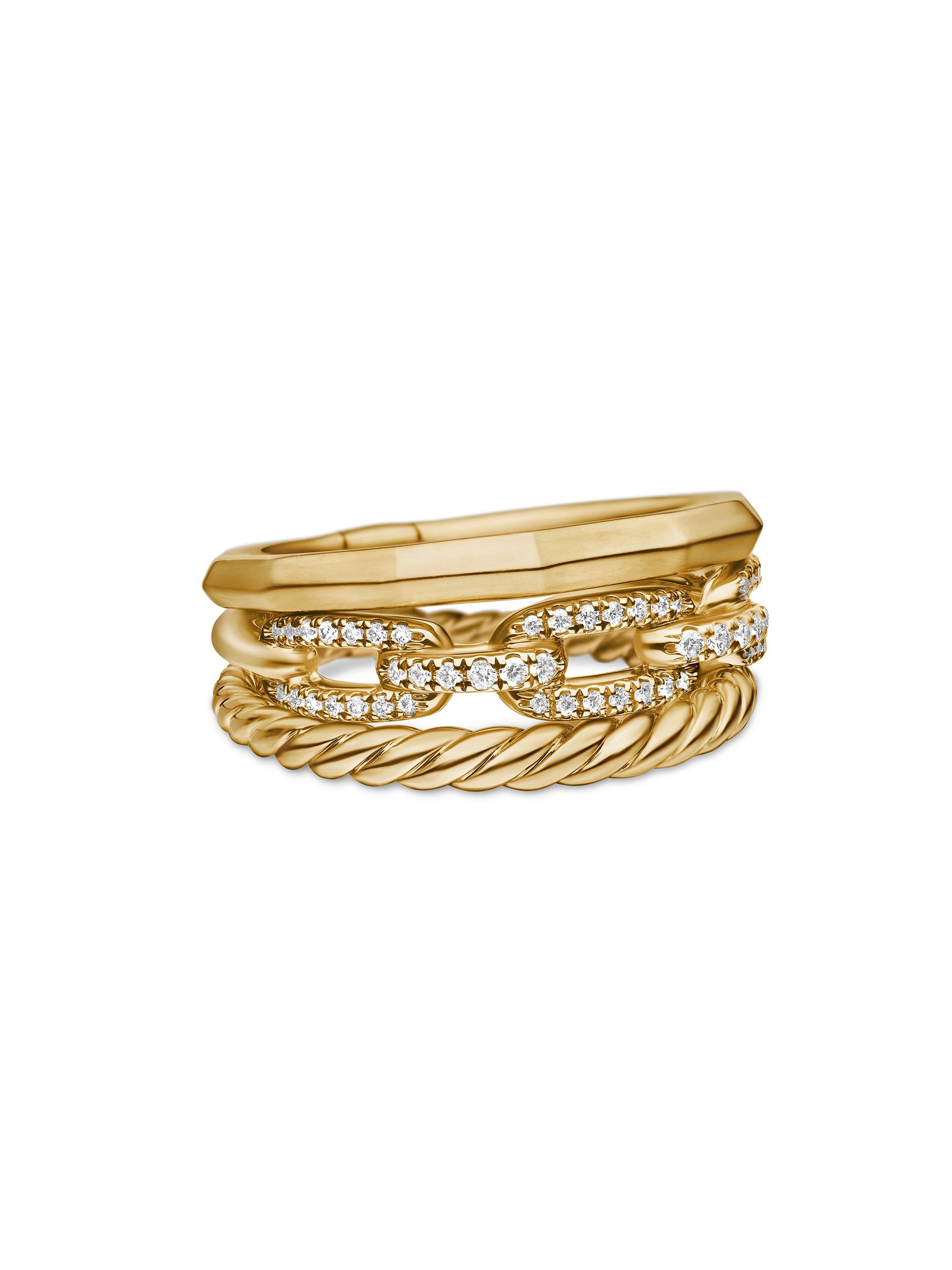 David Yurman Women's Stax Three Row Ring in 1K Yellow Gold with Pavé Diamonds - Diamond