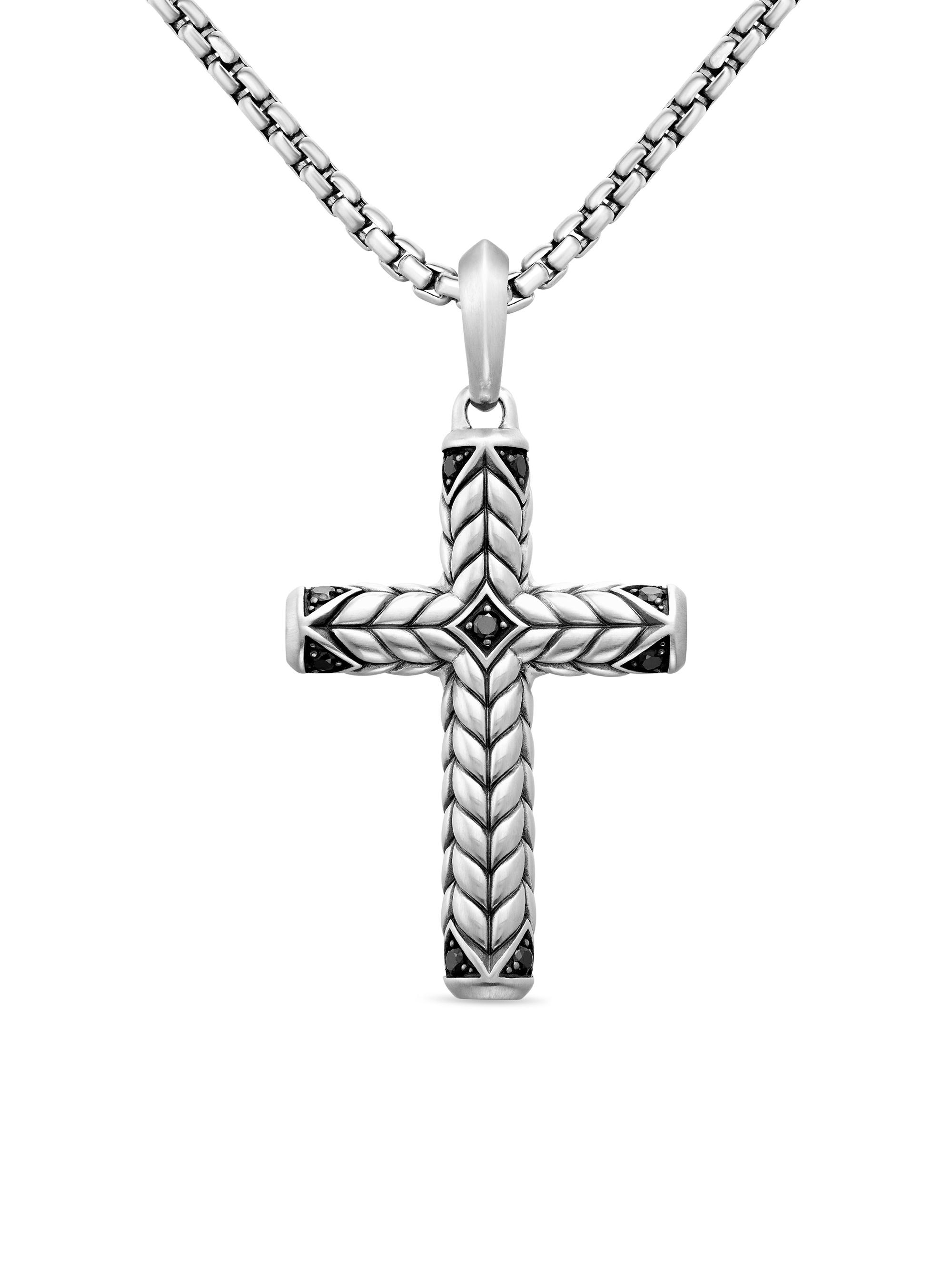 David Yurman Men's Chevron Cross Pendant in Sterling Silver with Black Diamonds, 36mm - Black Diamond