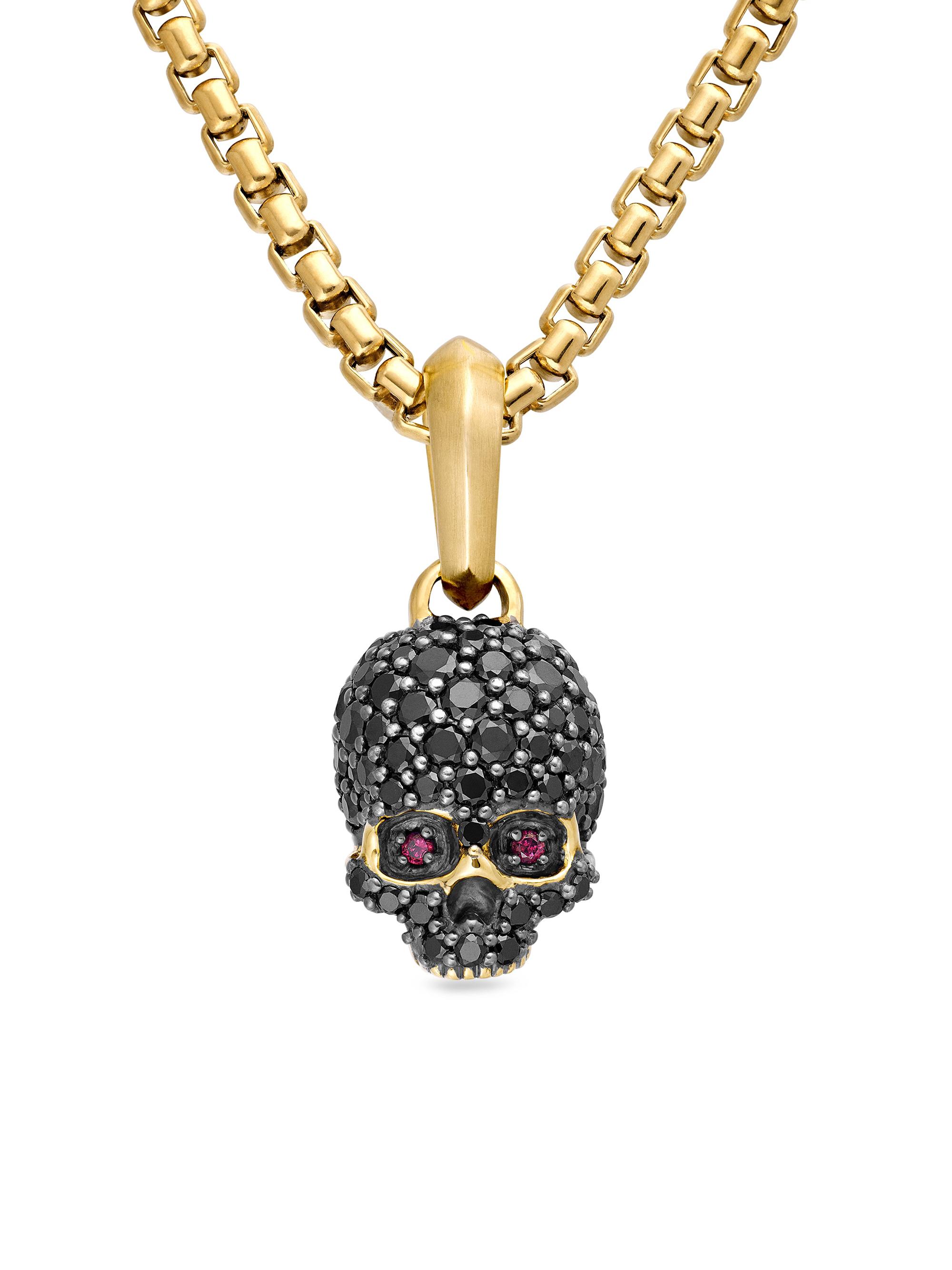David Yurman Men's Memento Mori Skull in Full Pavé Black Diamonds, Rubies and 18K Yellow Gold - Black