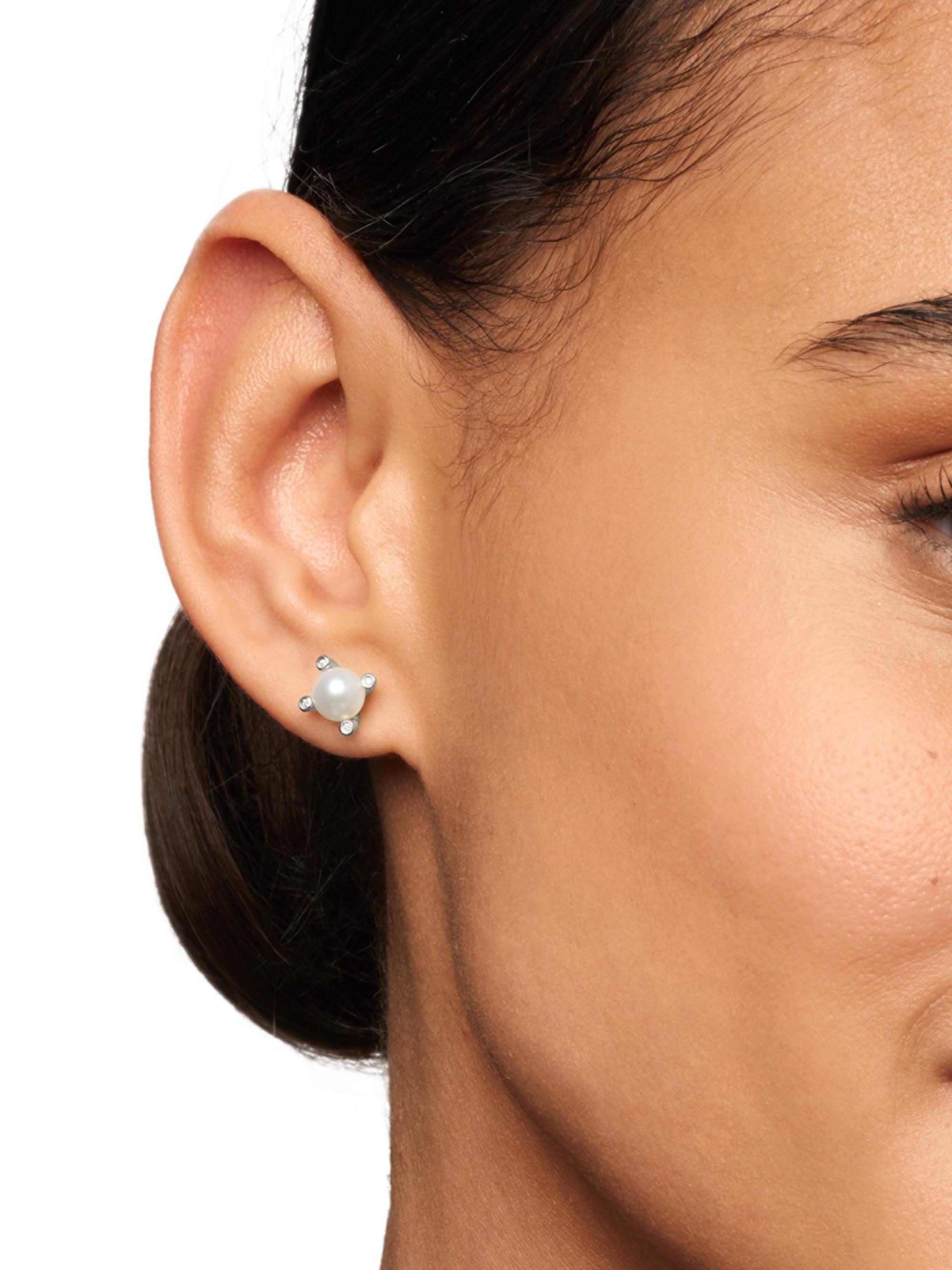 David Yurman Women's Pearl Stud Earrings in Sterling Silver with Pearls and Diamonds, 7.4mm - Pearl - back view in Pearl