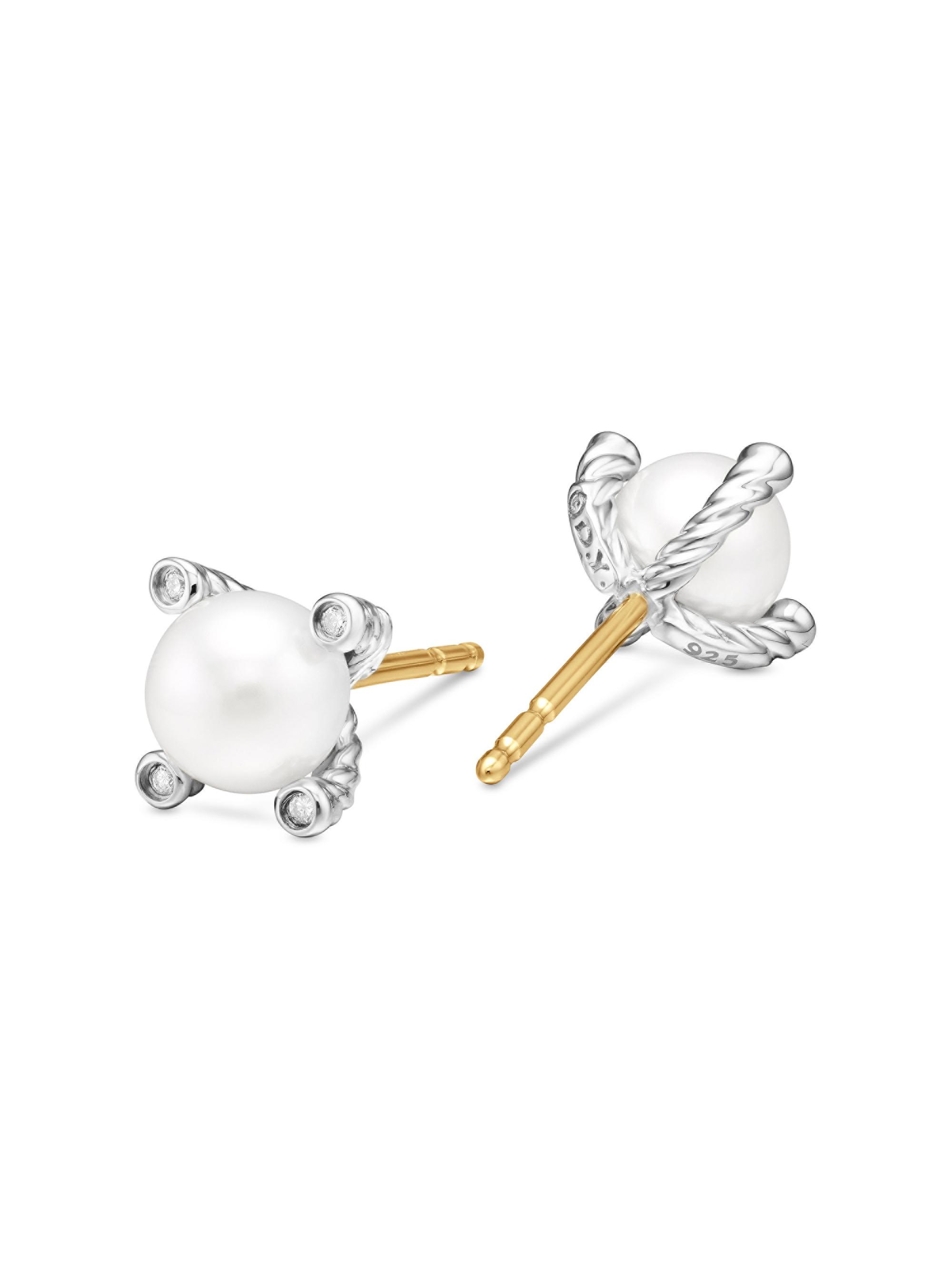 David Yurman Women's Pearl Stud Earrings in Sterling Silver with Pearls and Diamonds, 7.4mm - Pearl - side view in Pearl