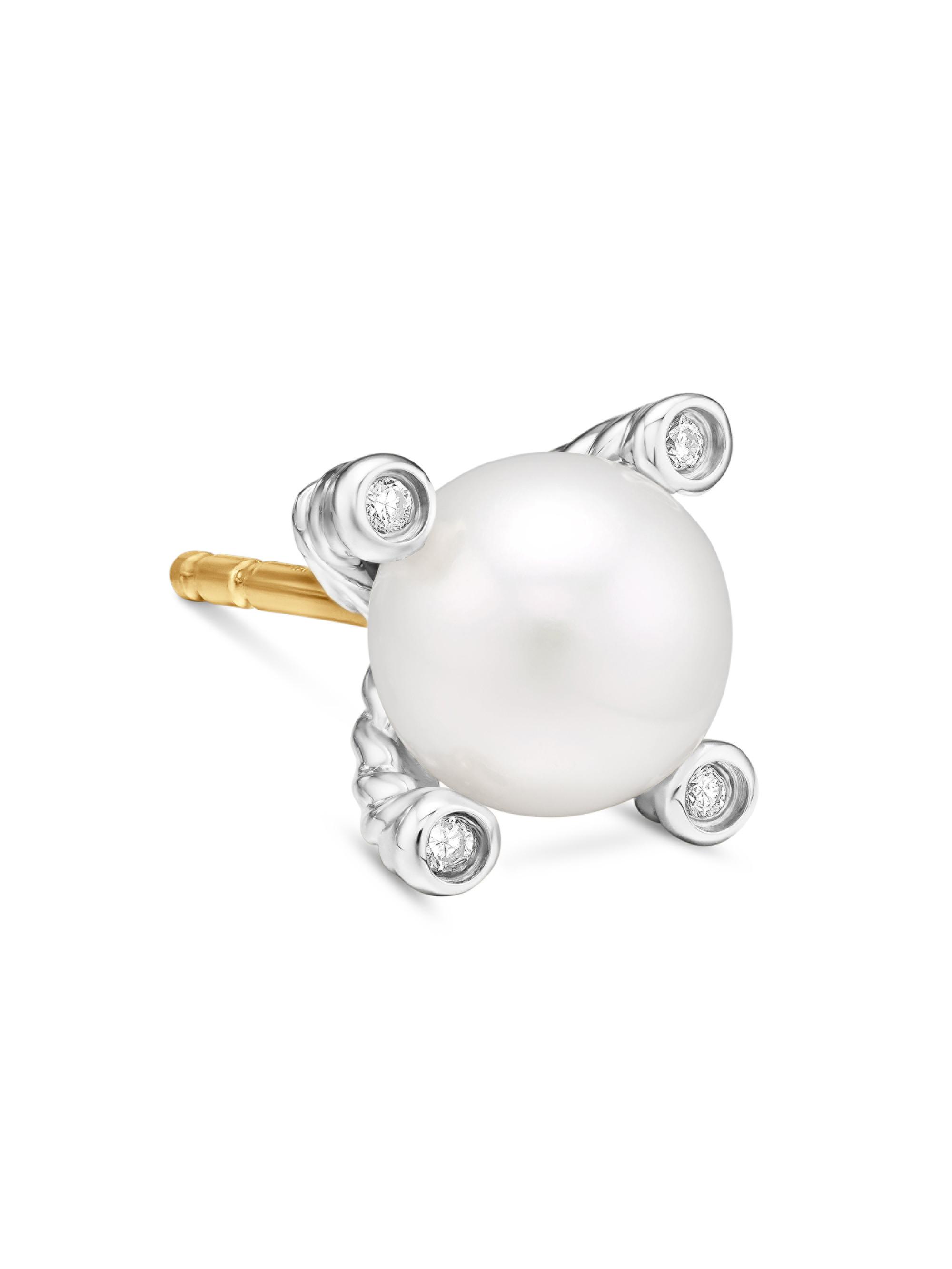 David Yurman Women's Pearl Stud Earrings in Sterling Silver with Pearls and Diamonds, 7.4mm - Pearl - detail view in Pearl