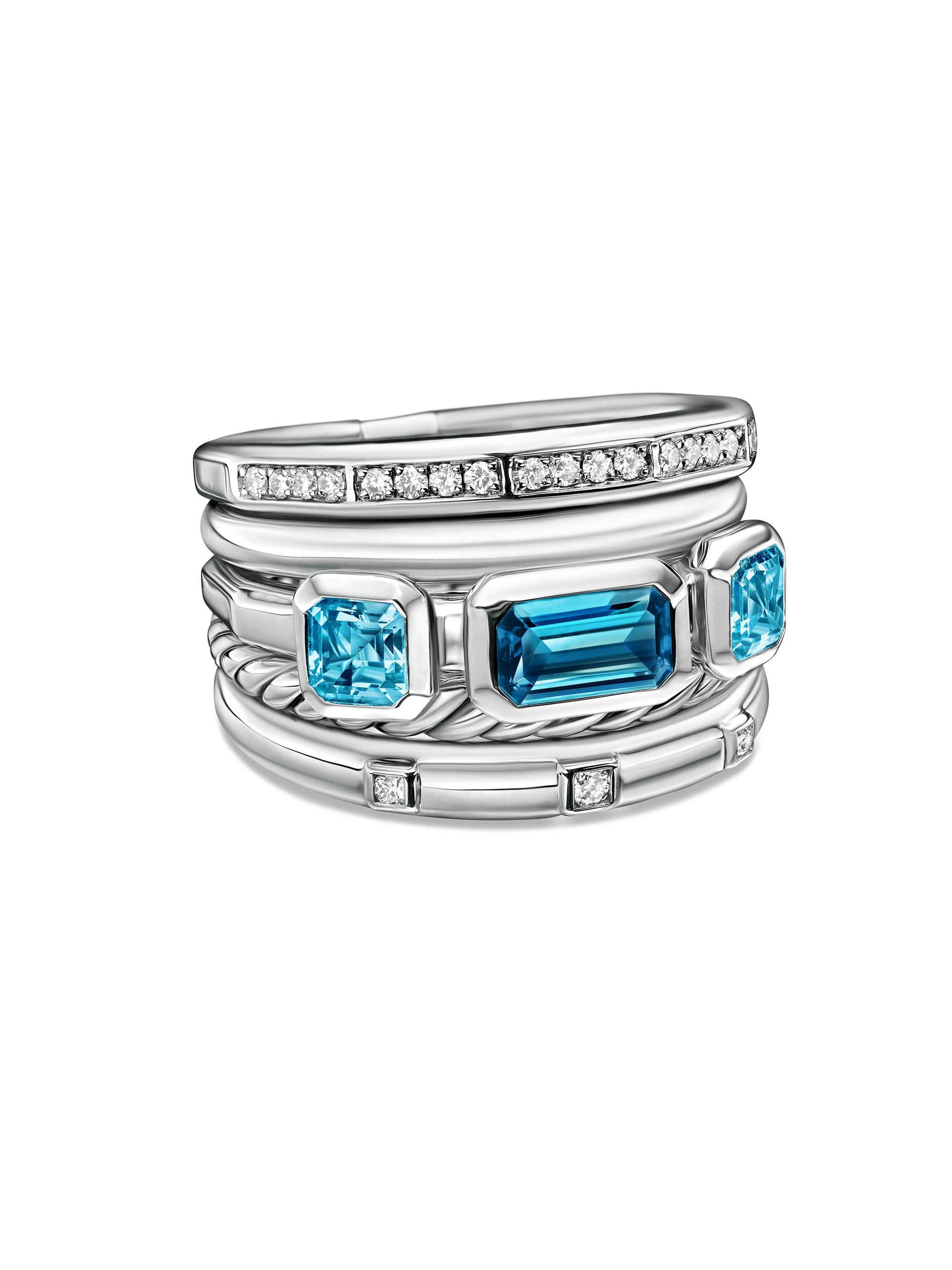 David Yurman Women's Stax Wide Ring with Hampton Blue Topaz & Diamonds - Hampton Blue Topaz