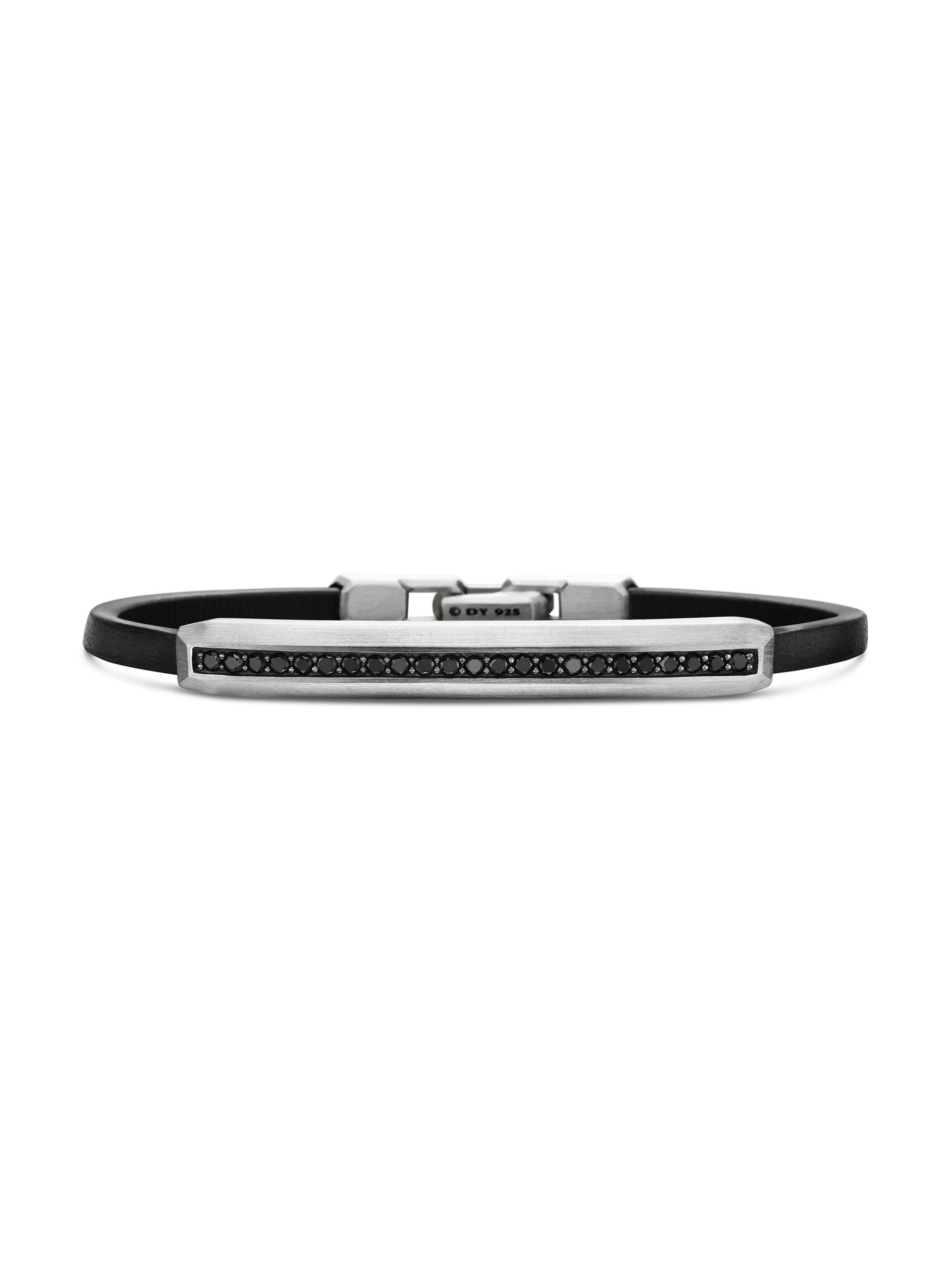 David Yurman Men's Streamline ID Black Leather Bracelet With Pavé Black Diamonds & Sterling Silver - Silver Pave