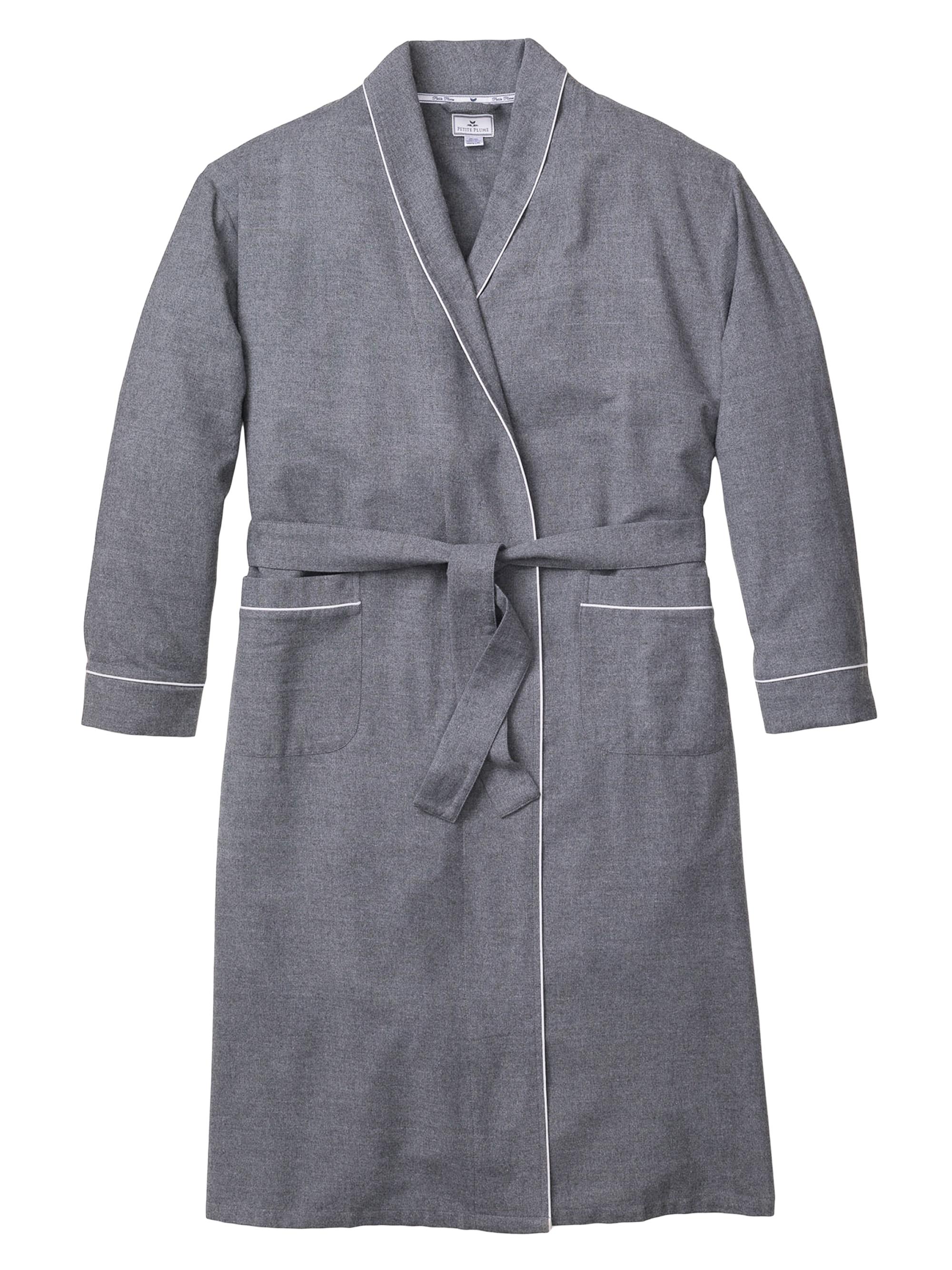 Petite Plume Men's Flannel Tie-Waist Robe - Grey