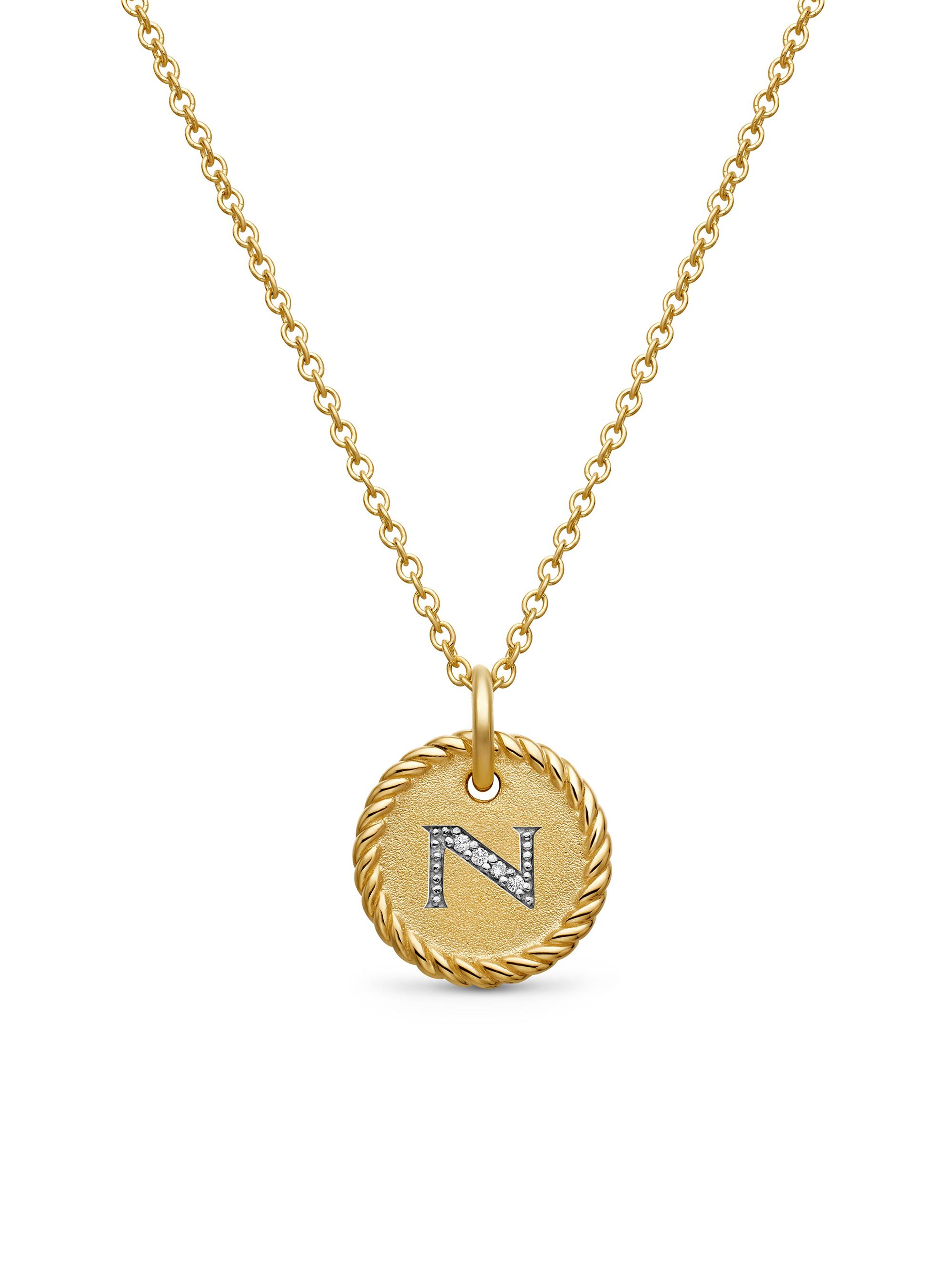 David Yurman Women's Initial Charm Necklace in 18K Yellow Gold with Pavé Diamonds - Initial N