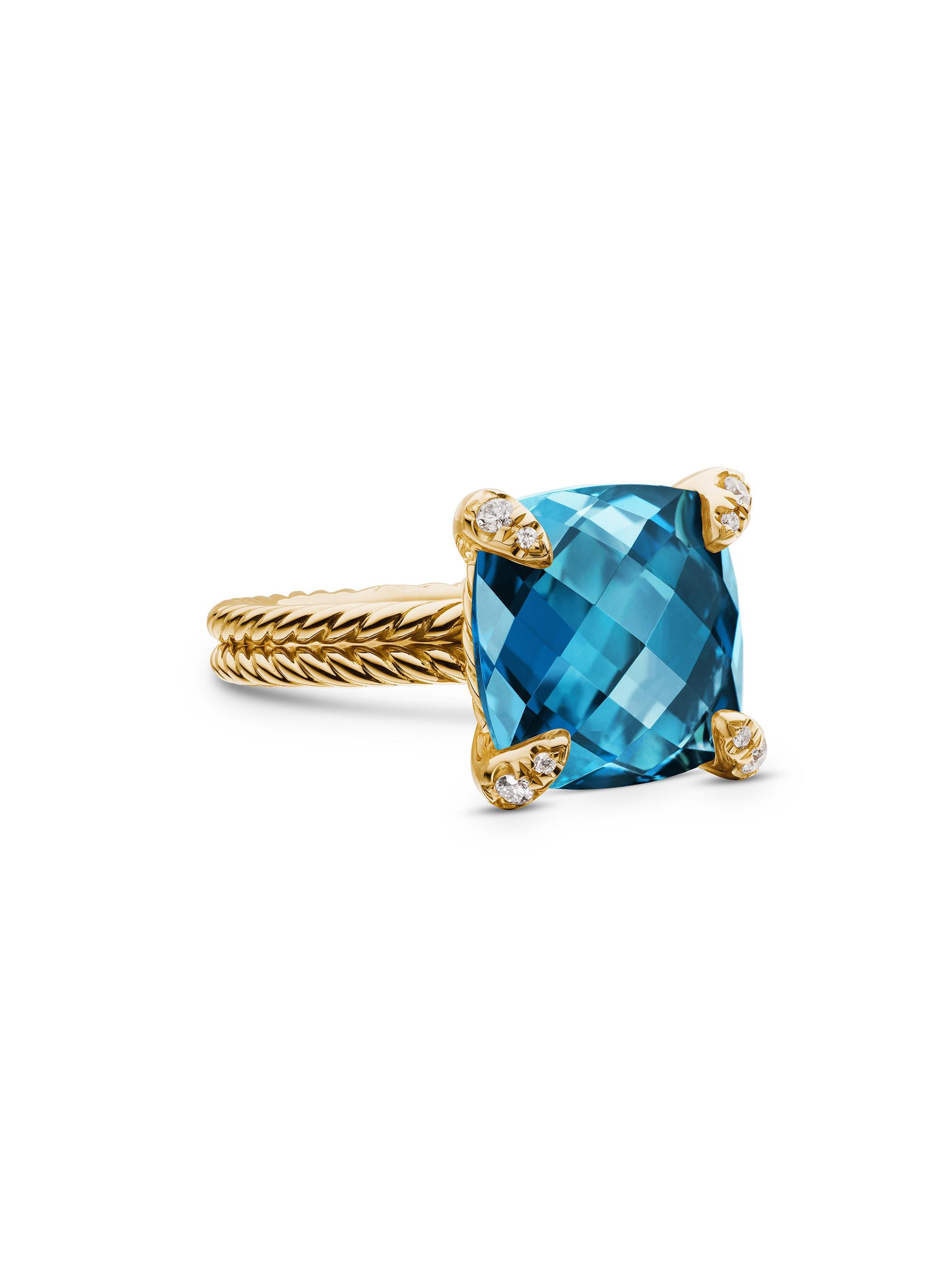 David Yurman Women's Chatelaine Ring in 18K Yellow Gold with Pavé Diamonds - Hampton Blue Topaz