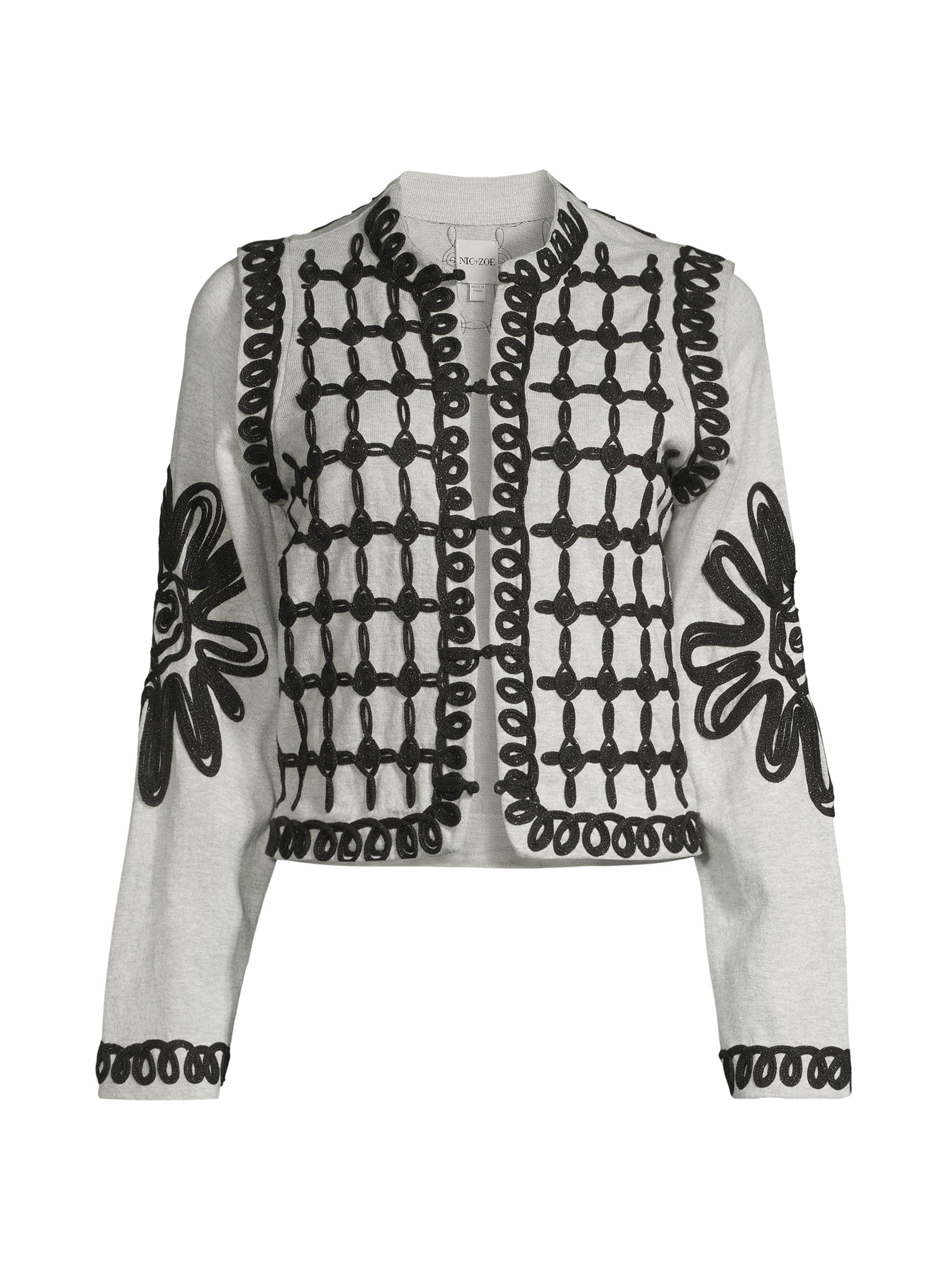 NIC+ZOE Women's Romantic Soutache Floral Knit Jacket - Grey Multi