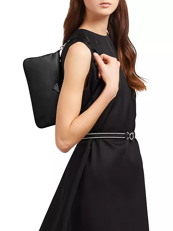 Prada Ladies Black Chain-embellished Leather And Re-nylon Shoulder