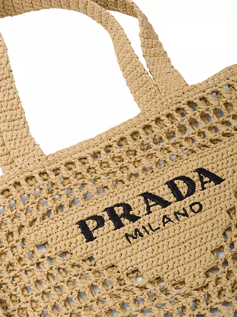 Shop Prada Raffia Tote Bag with Logo