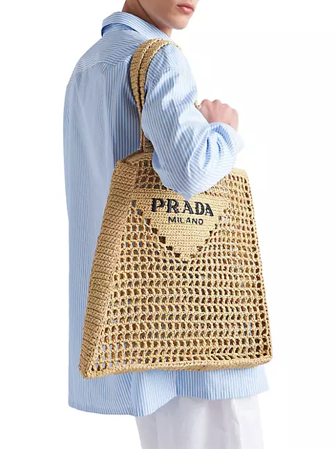 Logo Raffia Tote Bag in White - Prada