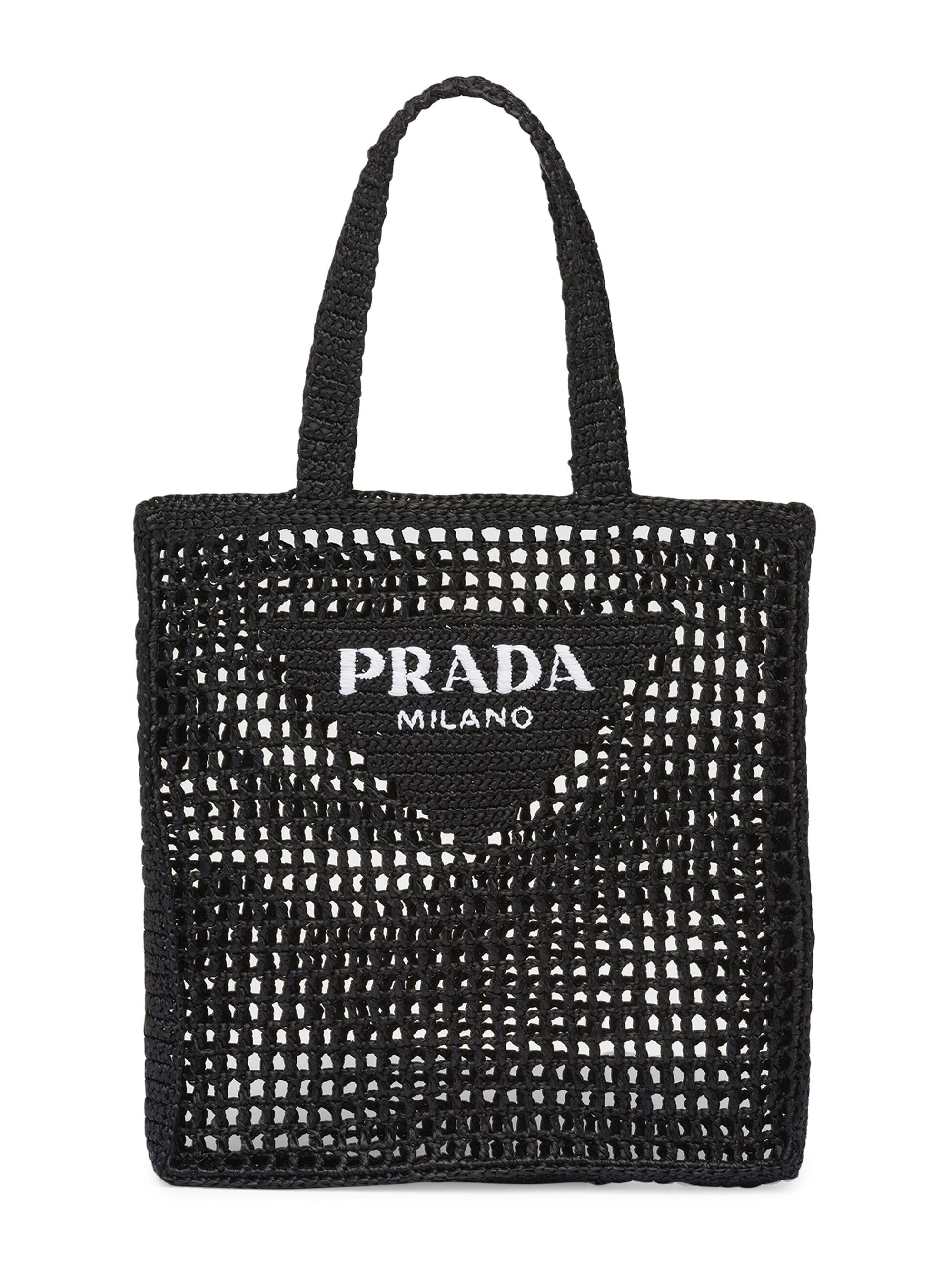 Prada Men's Raffia Tote Bag with Logo - Black