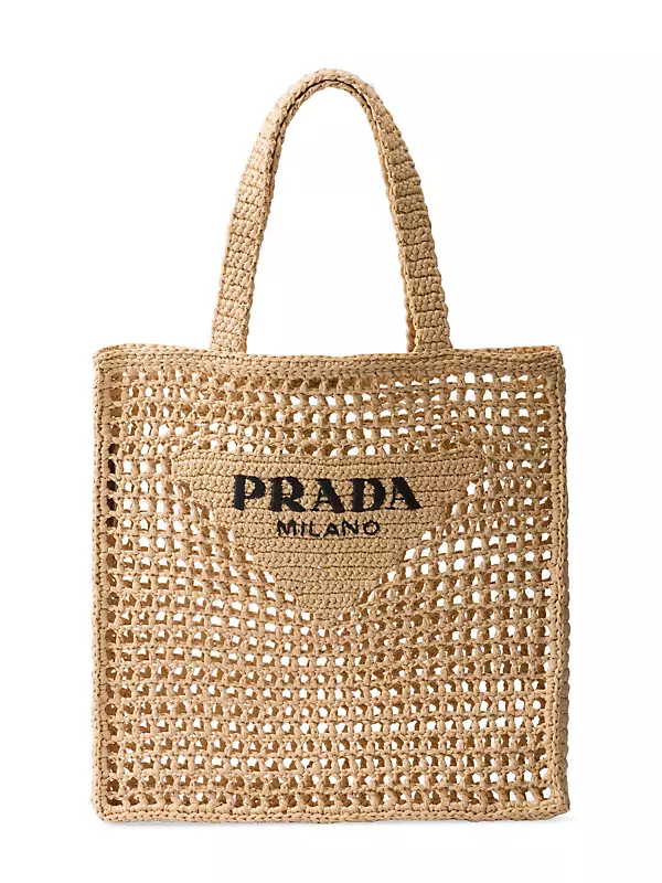 New] PRADA Yellow raffia triangle logo top handle tote bag