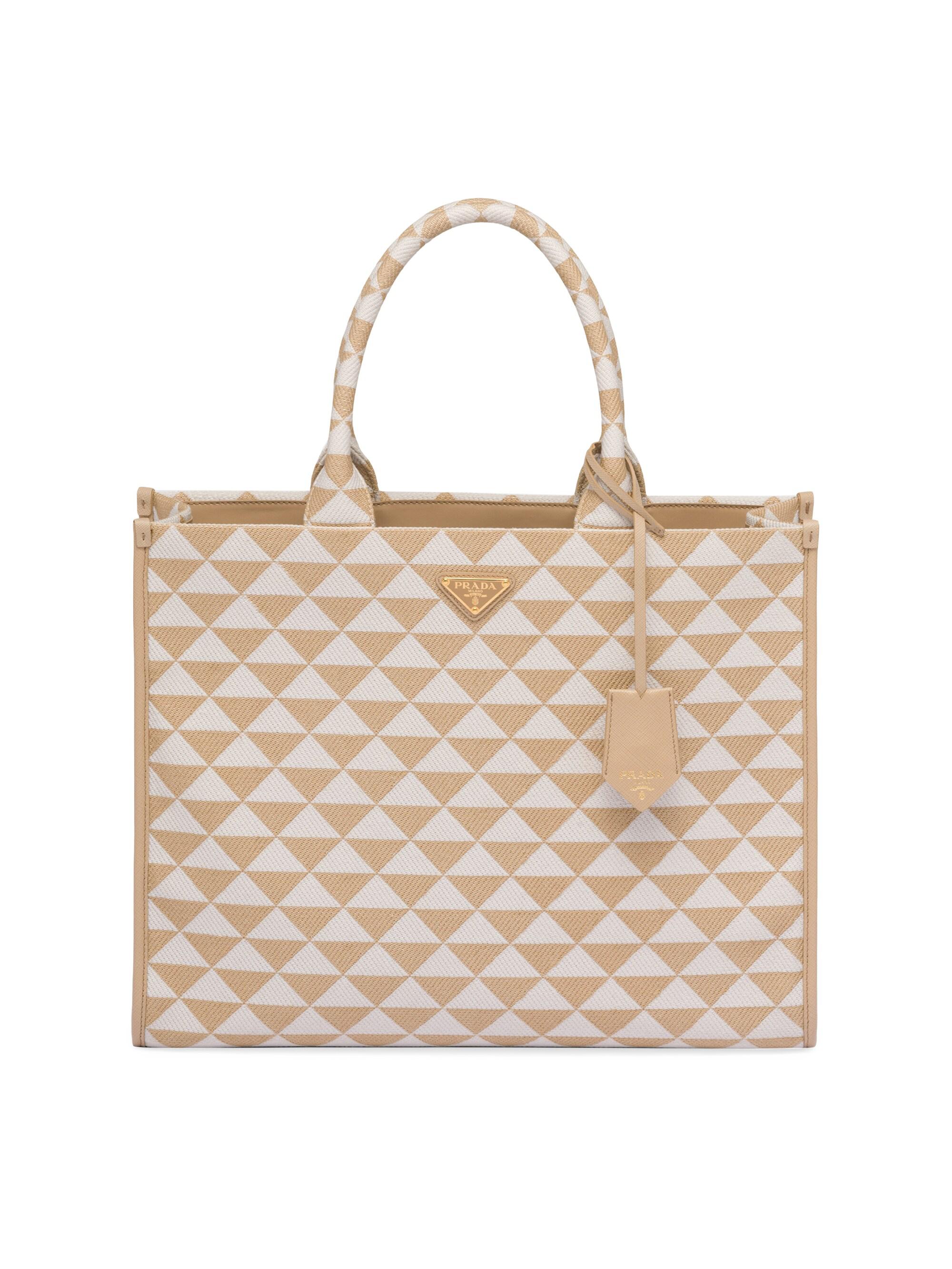 Prada Women's  Symbole Embroidered Fabric Handbag - Beige