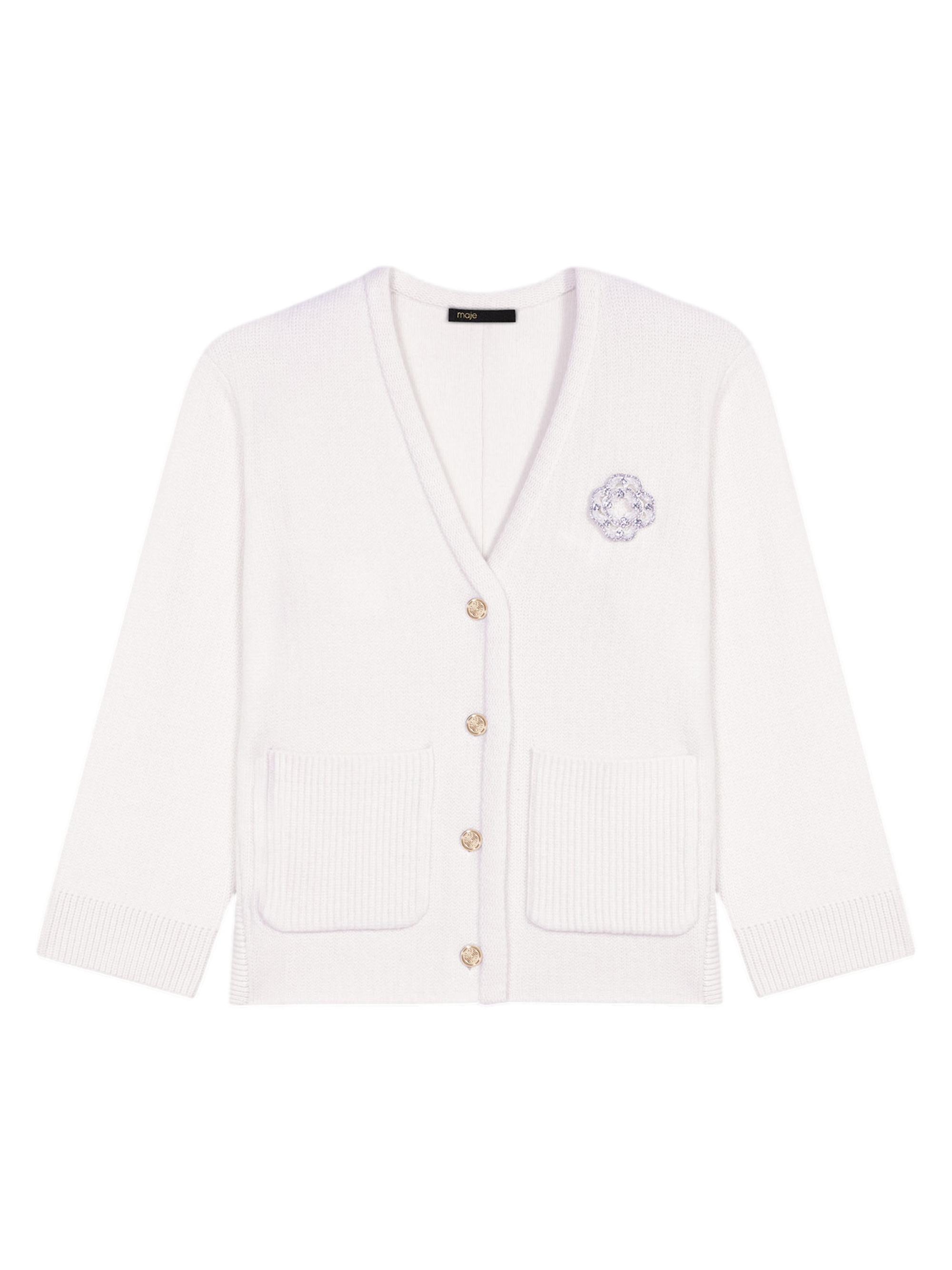 Maje Women's Knit Cardie with Rhinestone Clover - Ecru