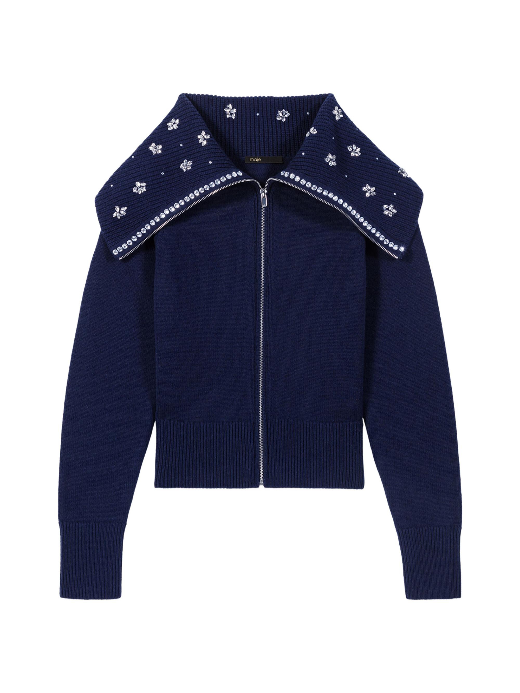 Maje Women's Cardigan with Jewelry Neck - Navy