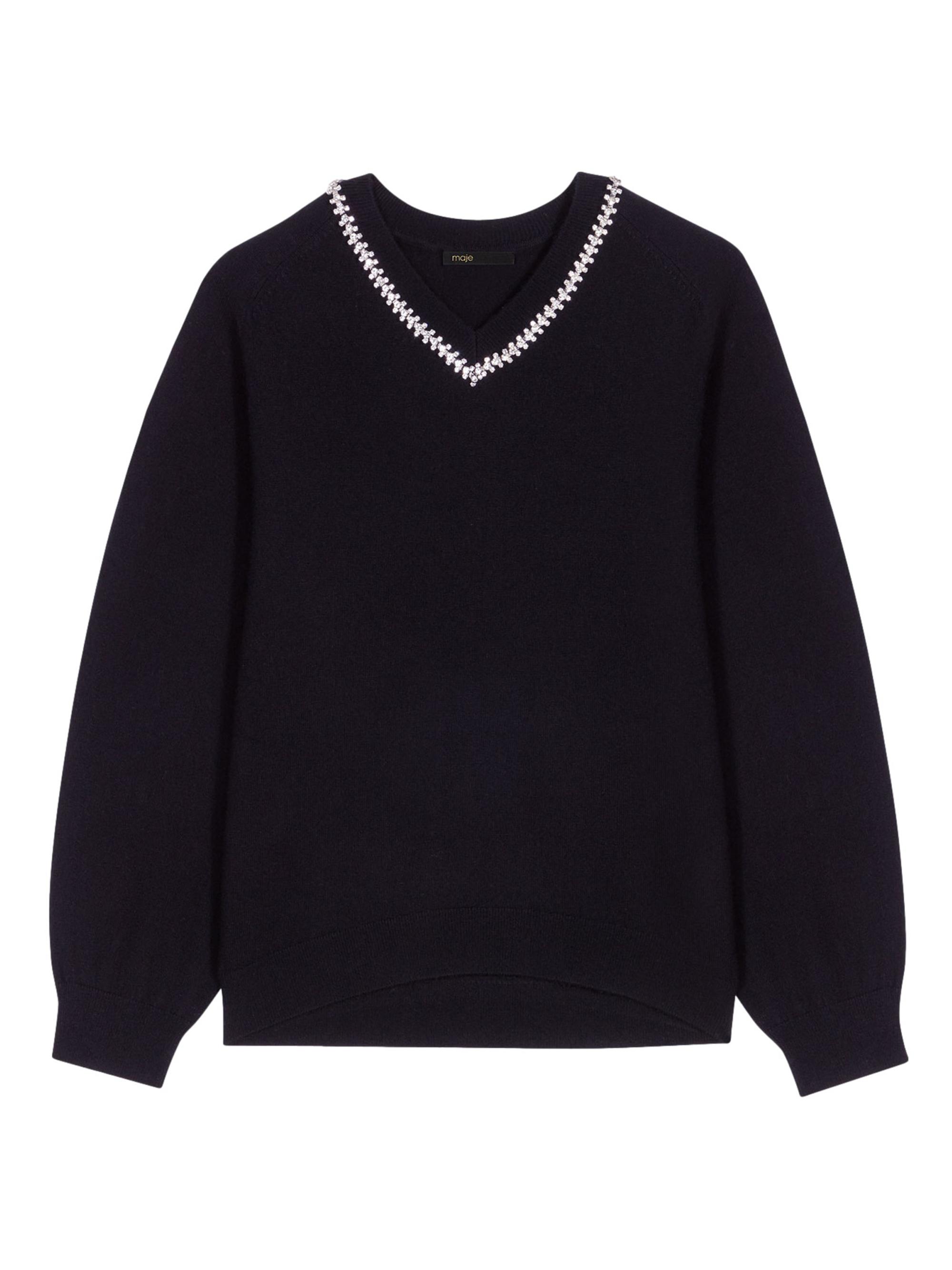 Maje Women's Knit Jumper with Rhinestone Neck - Black
