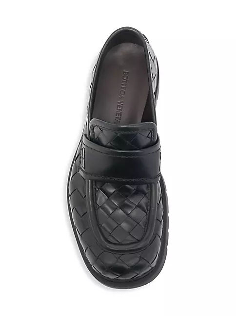 Bottega Veneta Men's Haddock Intrecciato Leather Penny Loafers, Black, Men's, 11D, Loafers & Slip-Ons