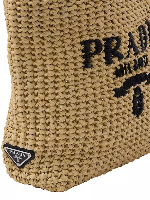 PRADA Logo Small Raffia Tote Bag Straw Wicker Pink Beige Striped