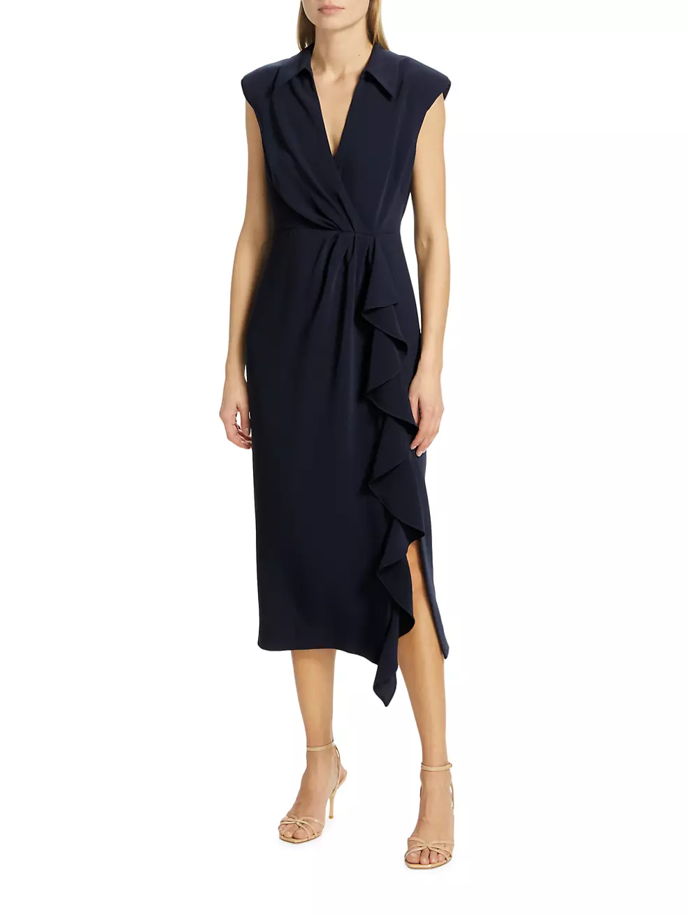 Chanel Size 40 Navy Blue Suede Sleeveless Back Zip Asymmetric Hem Midi Dress