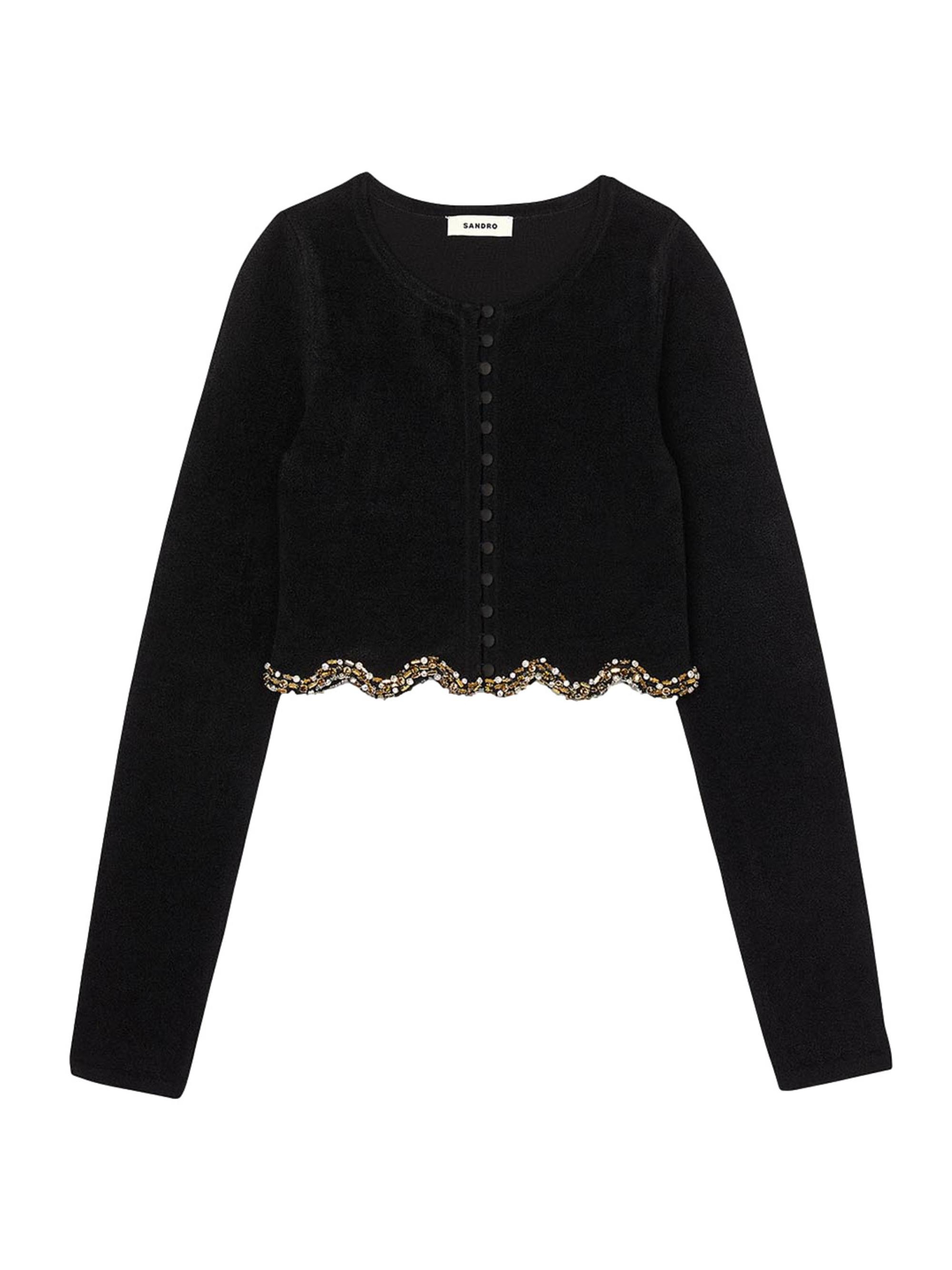 Sandro Women's Short Rhinestone Velvet Knit Cardigan - Black
