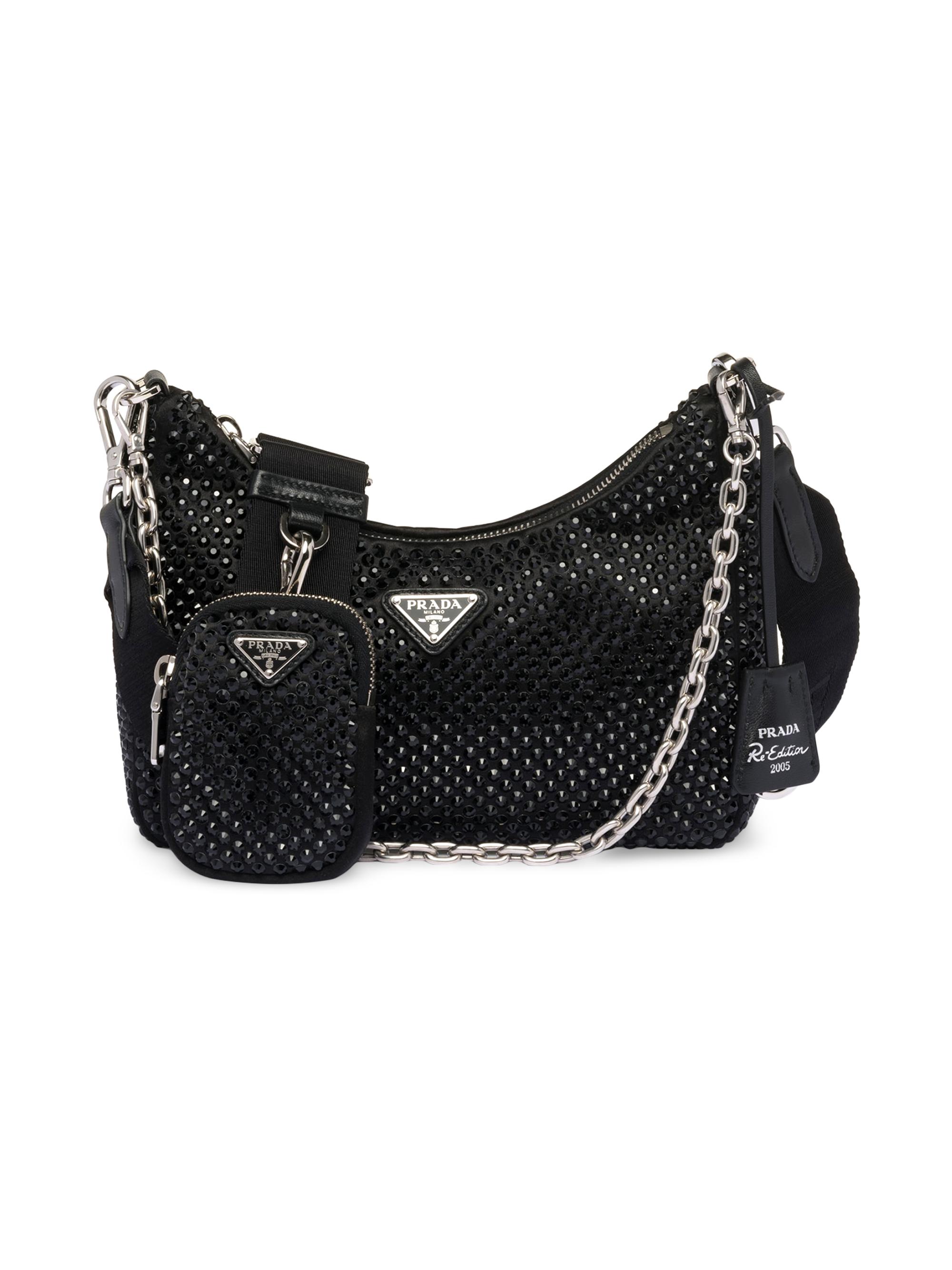 Prada Women's Re-Edition 2005 Satin Bag With Crystals - Black
