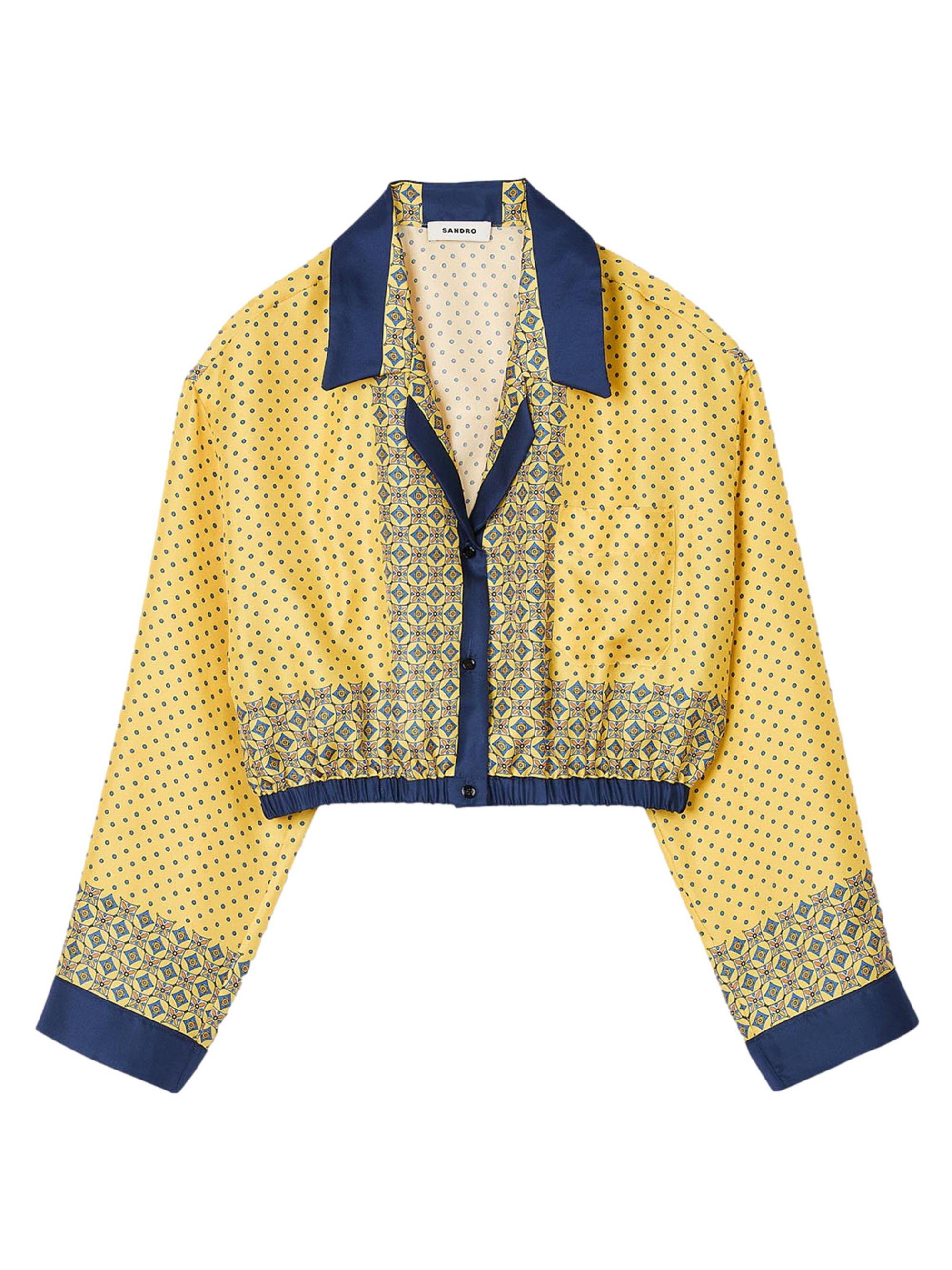Sandro Women's Short Patterned Flowing Silk Shirt - Yellow Blue