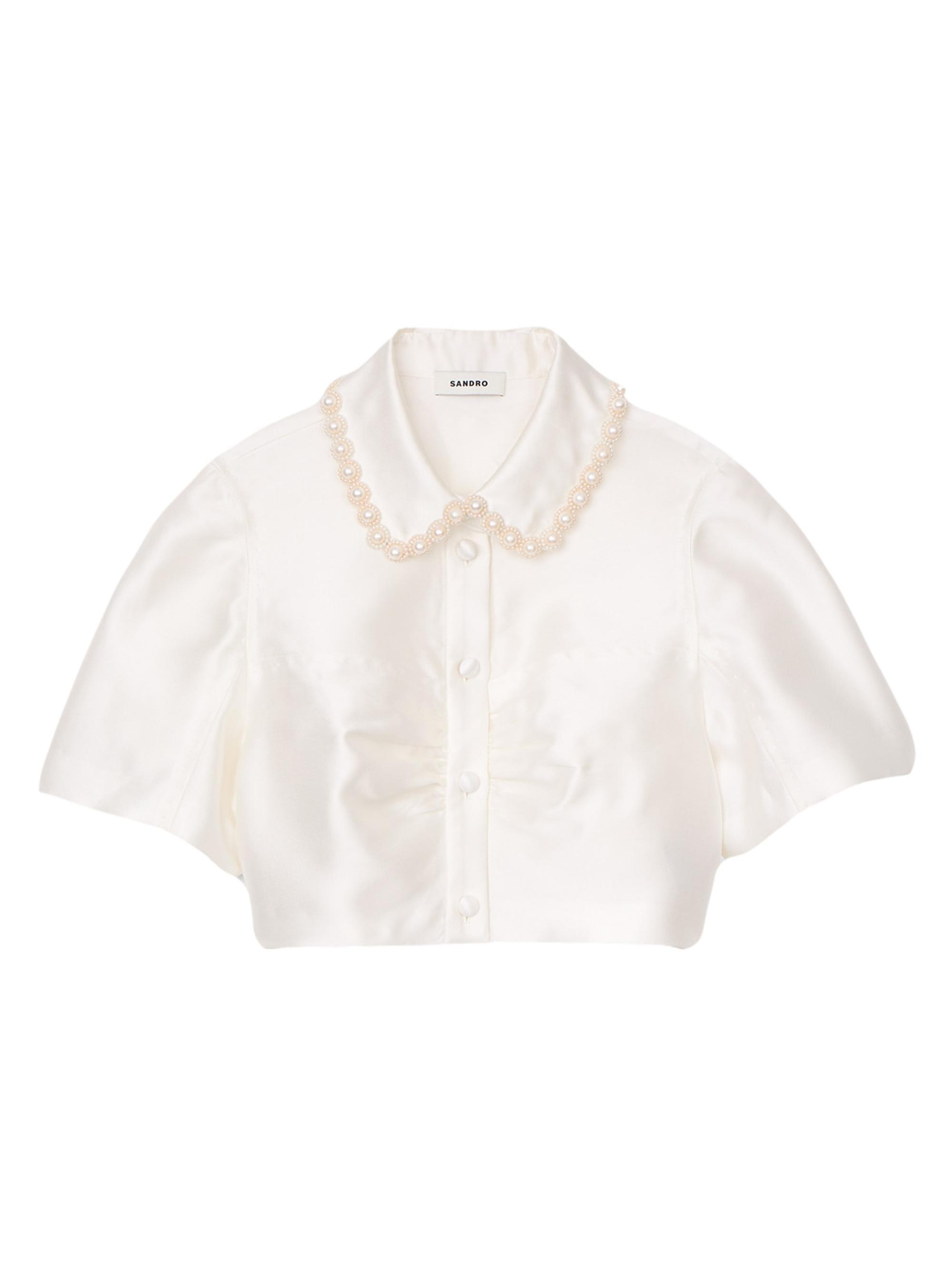 Sandro Women's Beaded Satin-Effect Cropped Shirt - White
