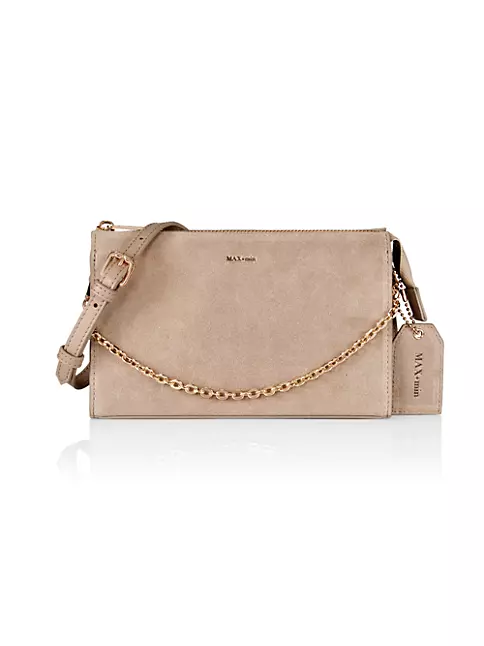 Suede leather bag in taupe brown. Crossbody or shoulder bag in