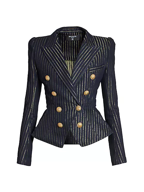 Balmain Women's Metallic Striped Denim Jacket - Blue Stripe Jean - Size 4