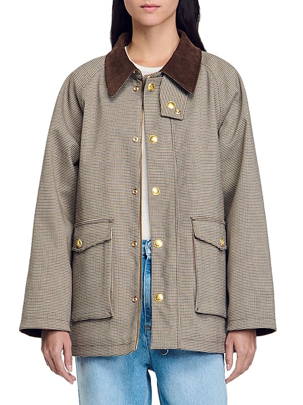 Shop Sandro Checkered Coat with Velvet Collar | Saks Fifth Shop Sandro Checkered Coat with Velvet Collar | Saks Fifth