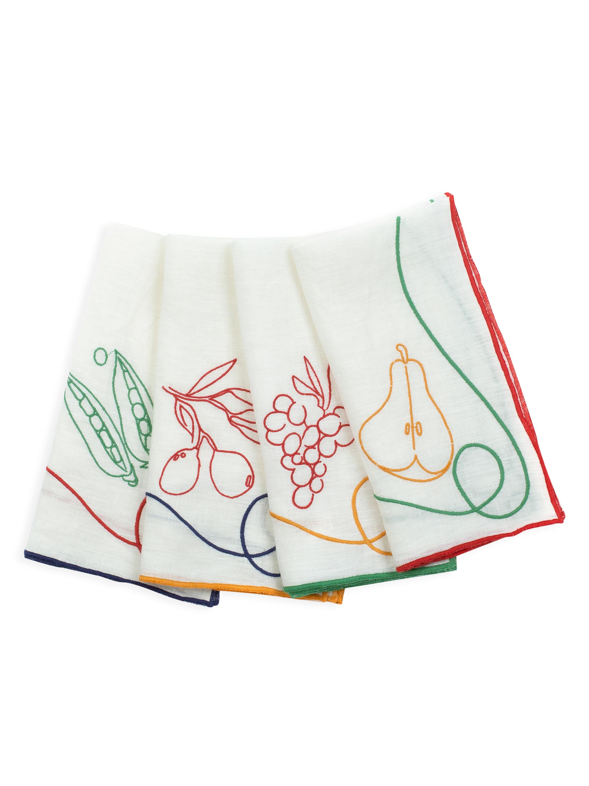 Misette Fete Embroidered Linen Napkins 4-Piece Set - Fruit Sand Veggies