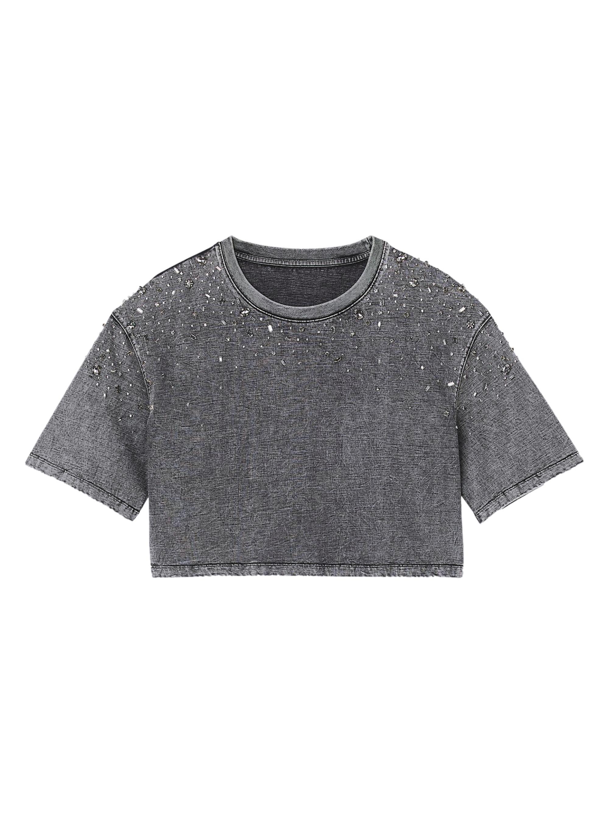 Sandro Women's Rhinestone Cropped T-Shirt - Grey