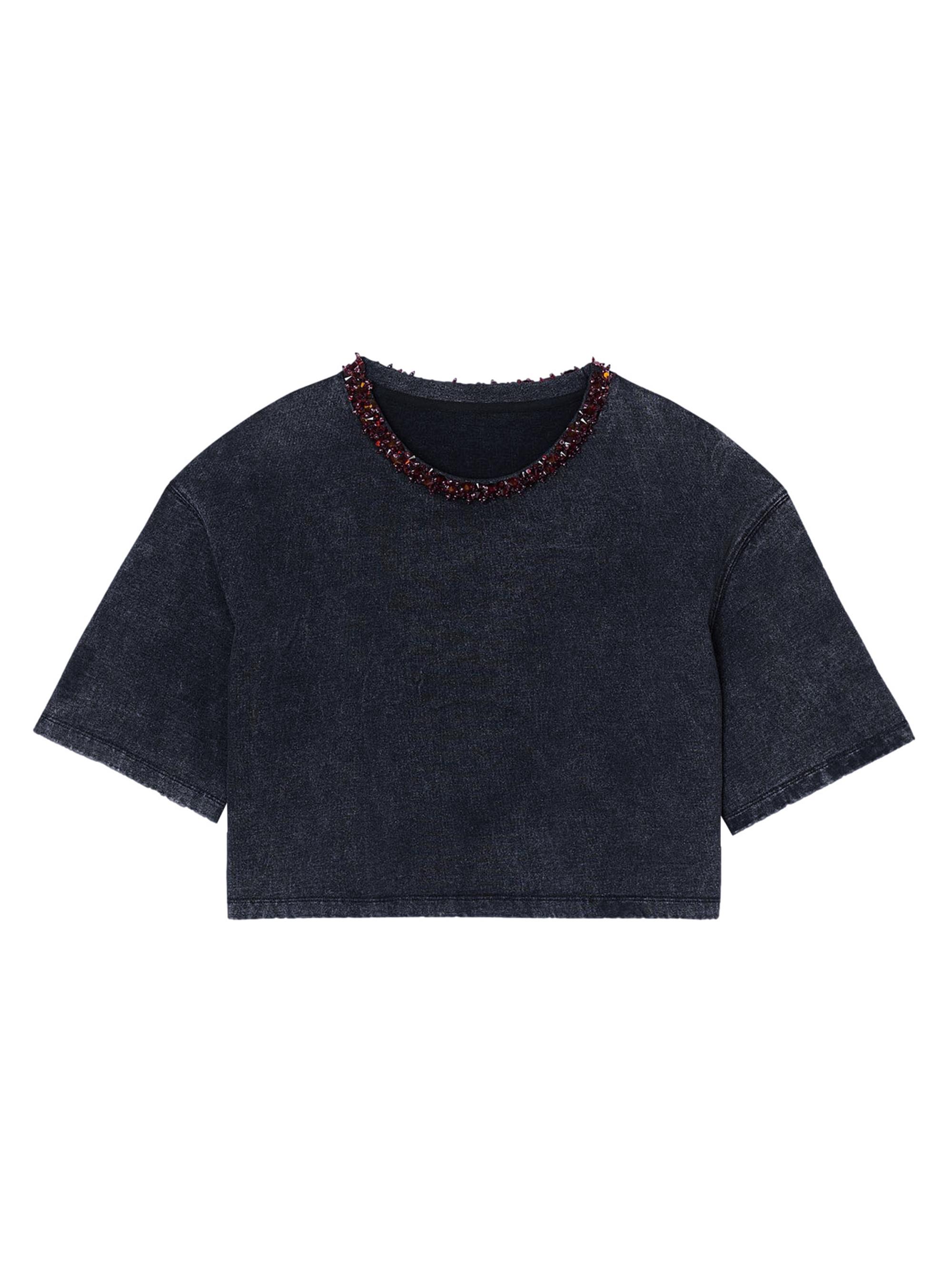 Sandro Women's Cropped Beaded T-Shirt - Black