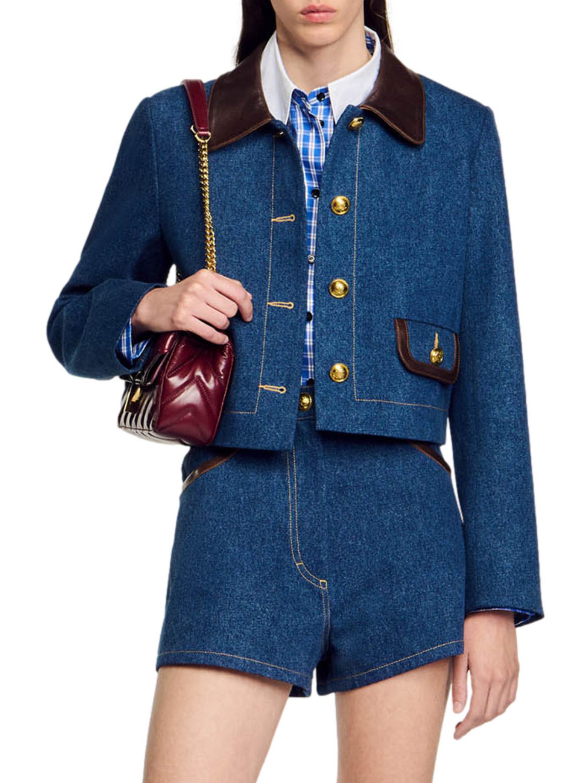 Sandro Denim Jacket with Leather Collar Saks Fifth Avenue