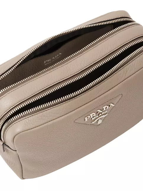 Prada Grey Leather Double Zip Camera Crossbody Bag